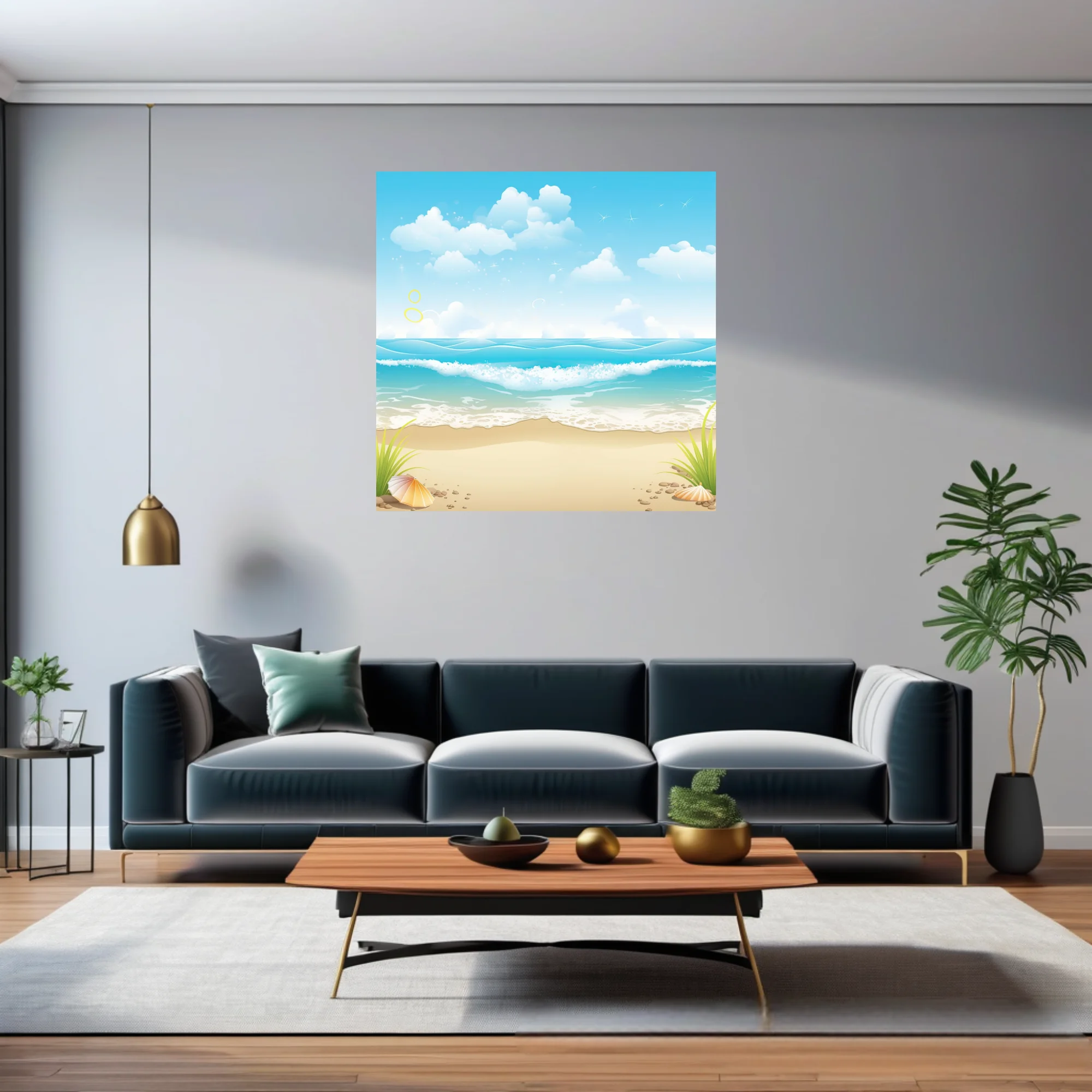Cartoon beach illustration, aqua ocean waves, sandy shore, shells, fluffy clouds