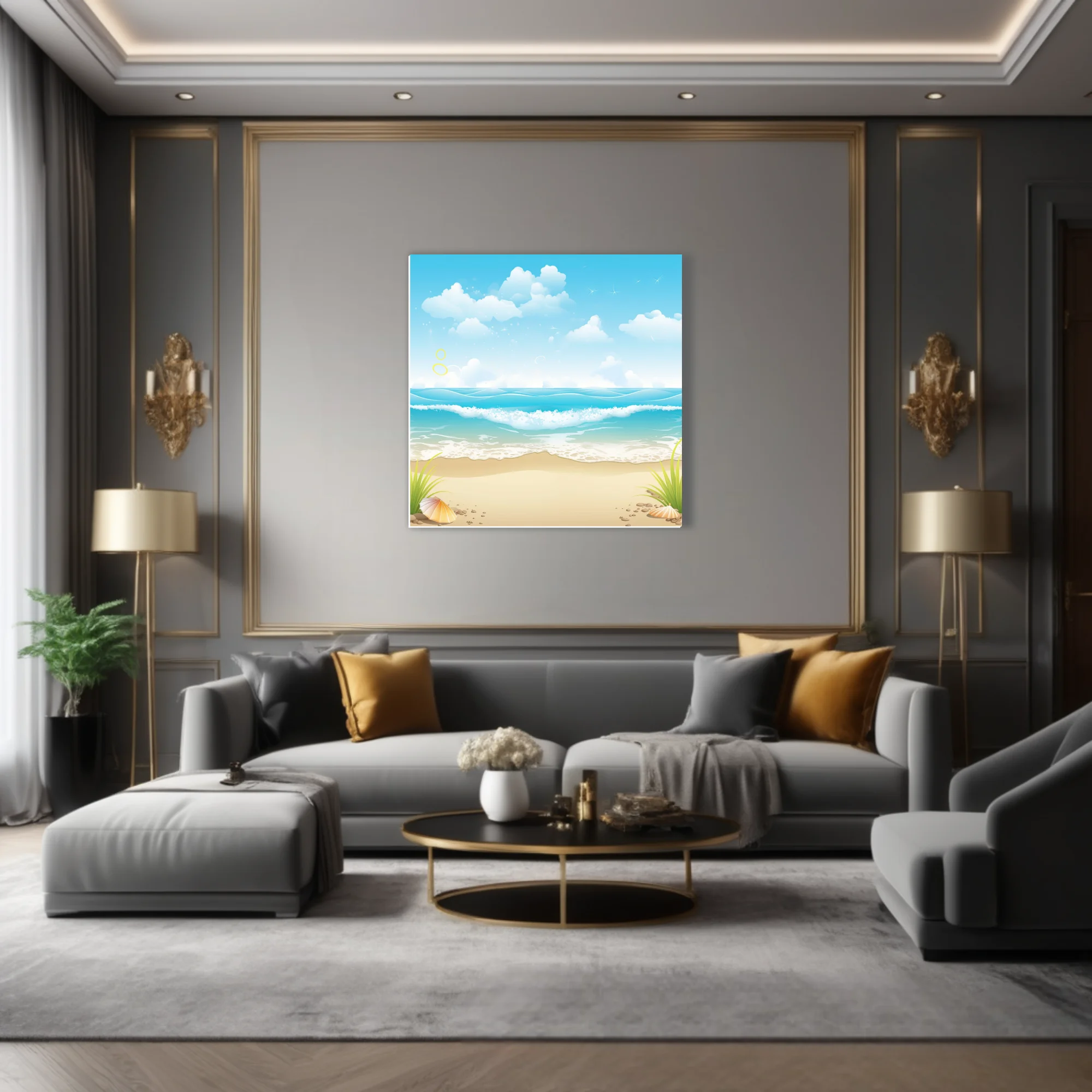 Cartoon beach illustration, aqua ocean waves, sandy shore, shells, fluffy clouds