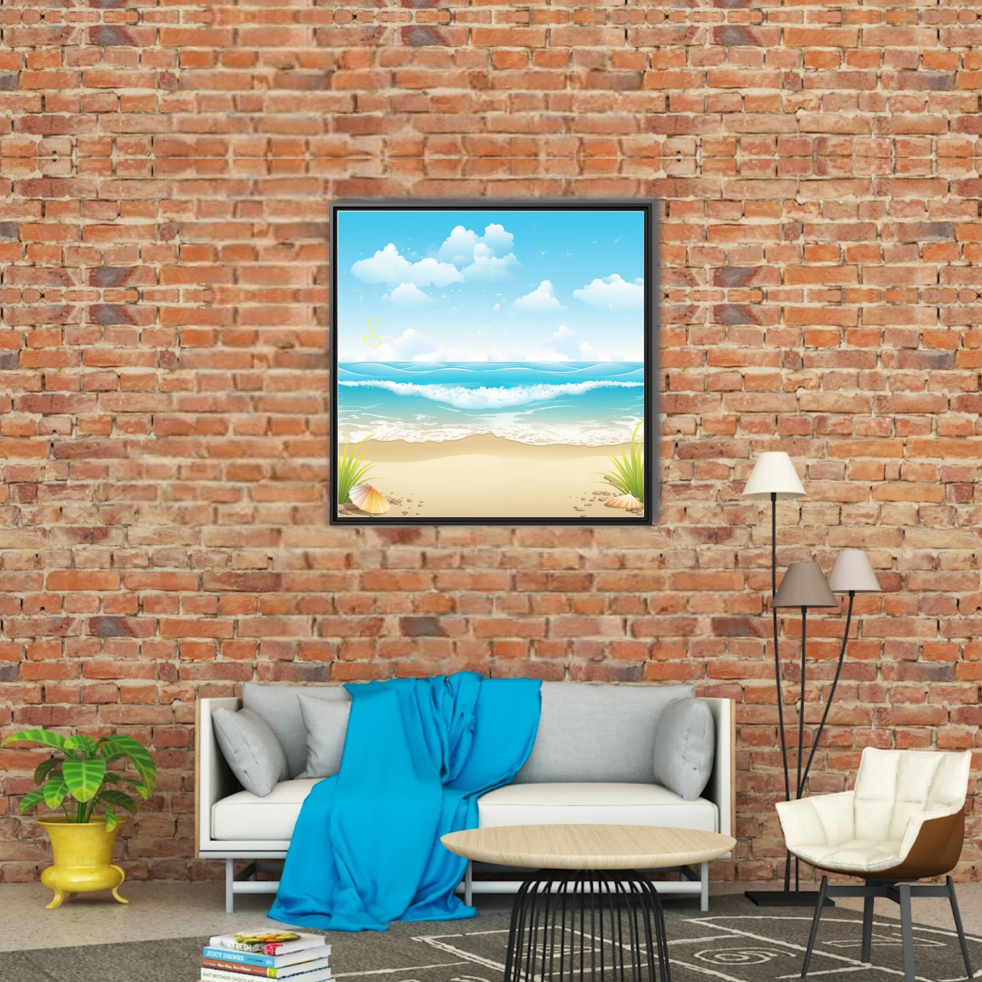 Cartoon beach illustration, aqua ocean waves, sandy shore, shells, fluffy clouds