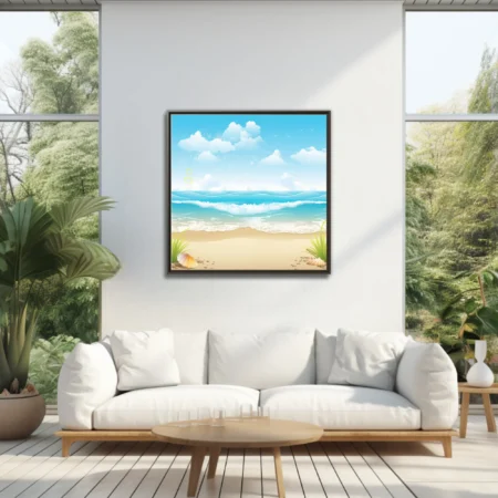 Cartoon beach illustration, aqua ocean waves, sandy shore, shells, fluffy clouds