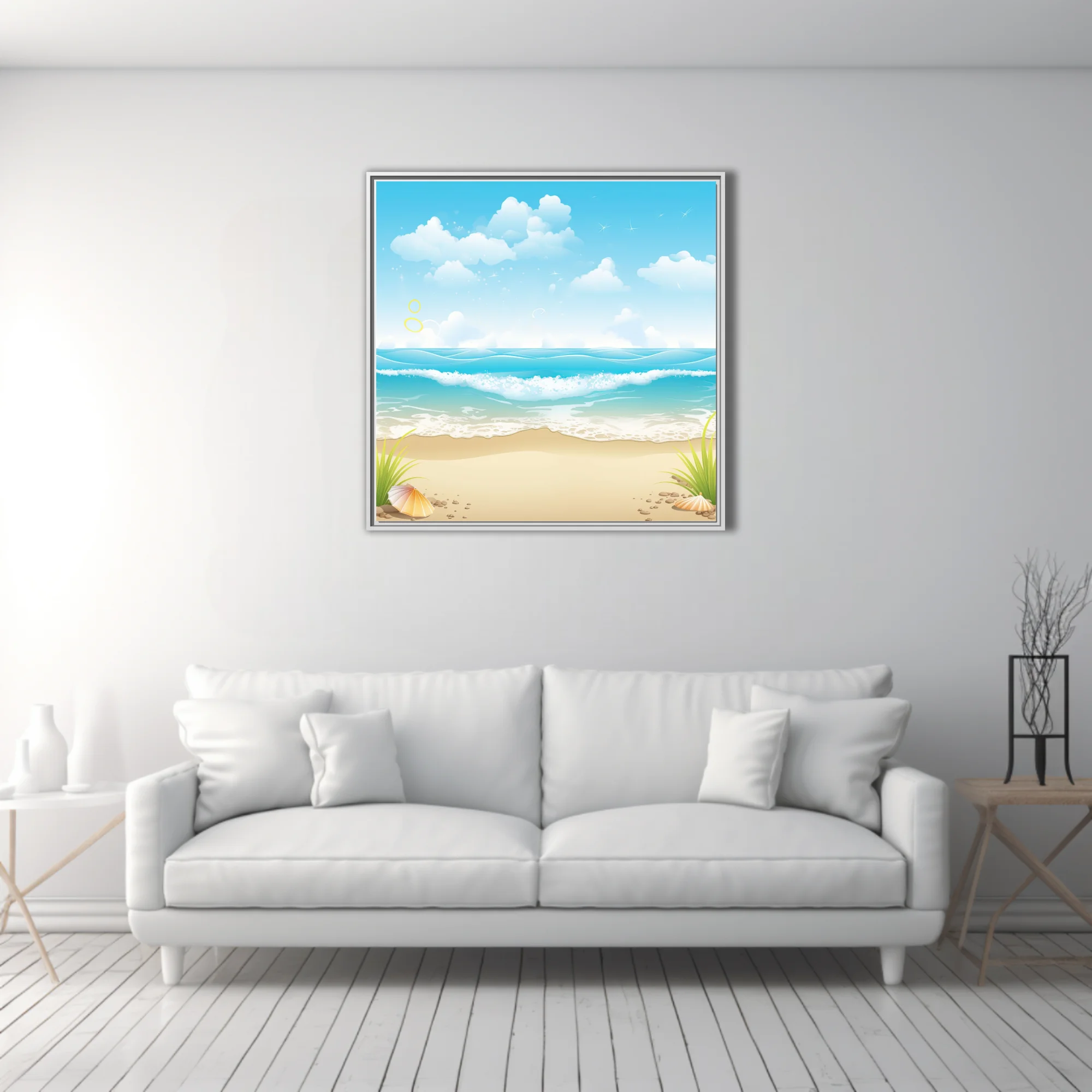 Cartoon beach illustration, aqua ocean waves, sandy shore, shells, fluffy clouds