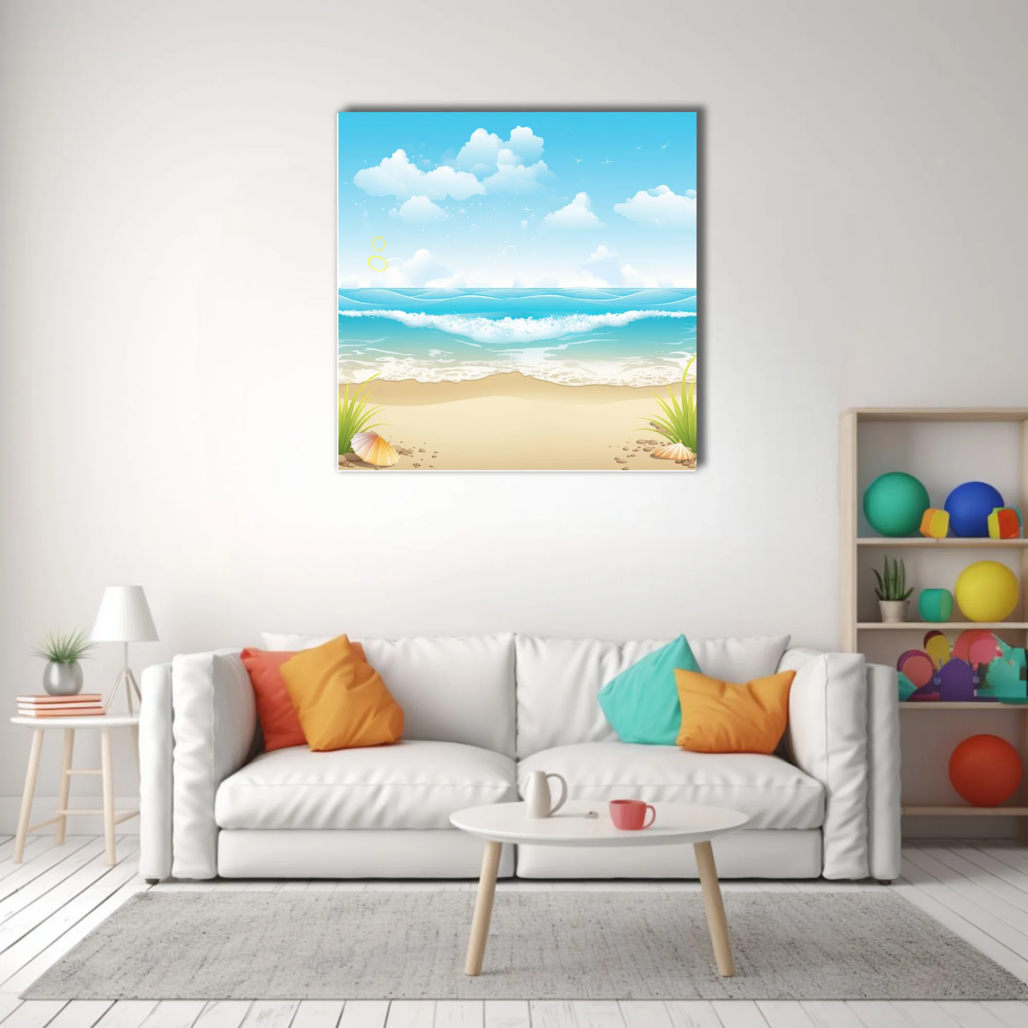 Cartoon beach illustration, aqua ocean waves, sandy shore, shells, fluffy clouds