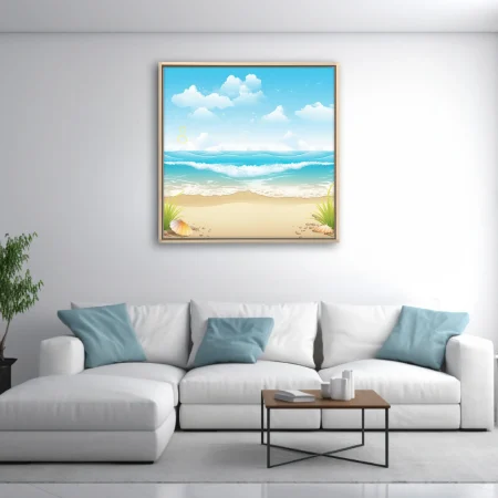 Cartoon beach illustration, aqua ocean waves, sandy shore, shells, fluffy clouds