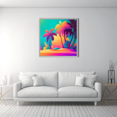 Neon tropical beach scene with neon palm silhouettes and electric sunset gradient