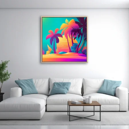 Neon tropical beach scene with neon palm silhouettes and electric sunset gradient