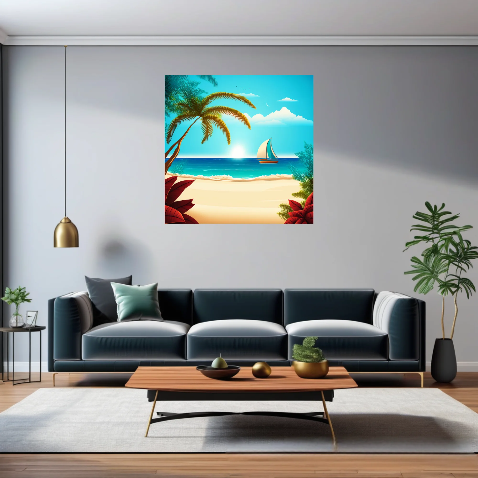 Flat graphic tropical beach illustration with palm trees, turquoise ocean, and sailboat