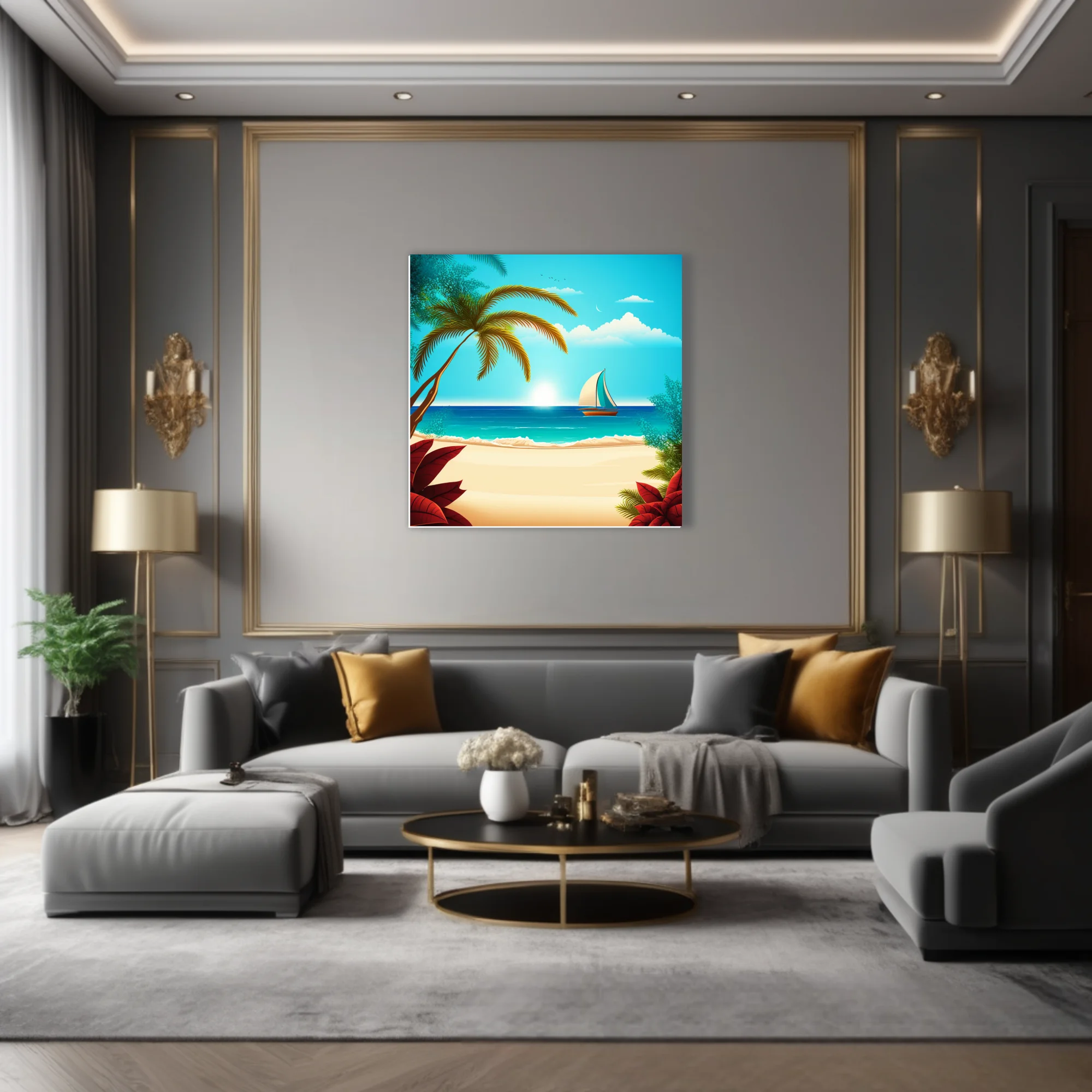 Flat graphic tropical beach illustration with palm trees, turquoise ocean, and sailboat