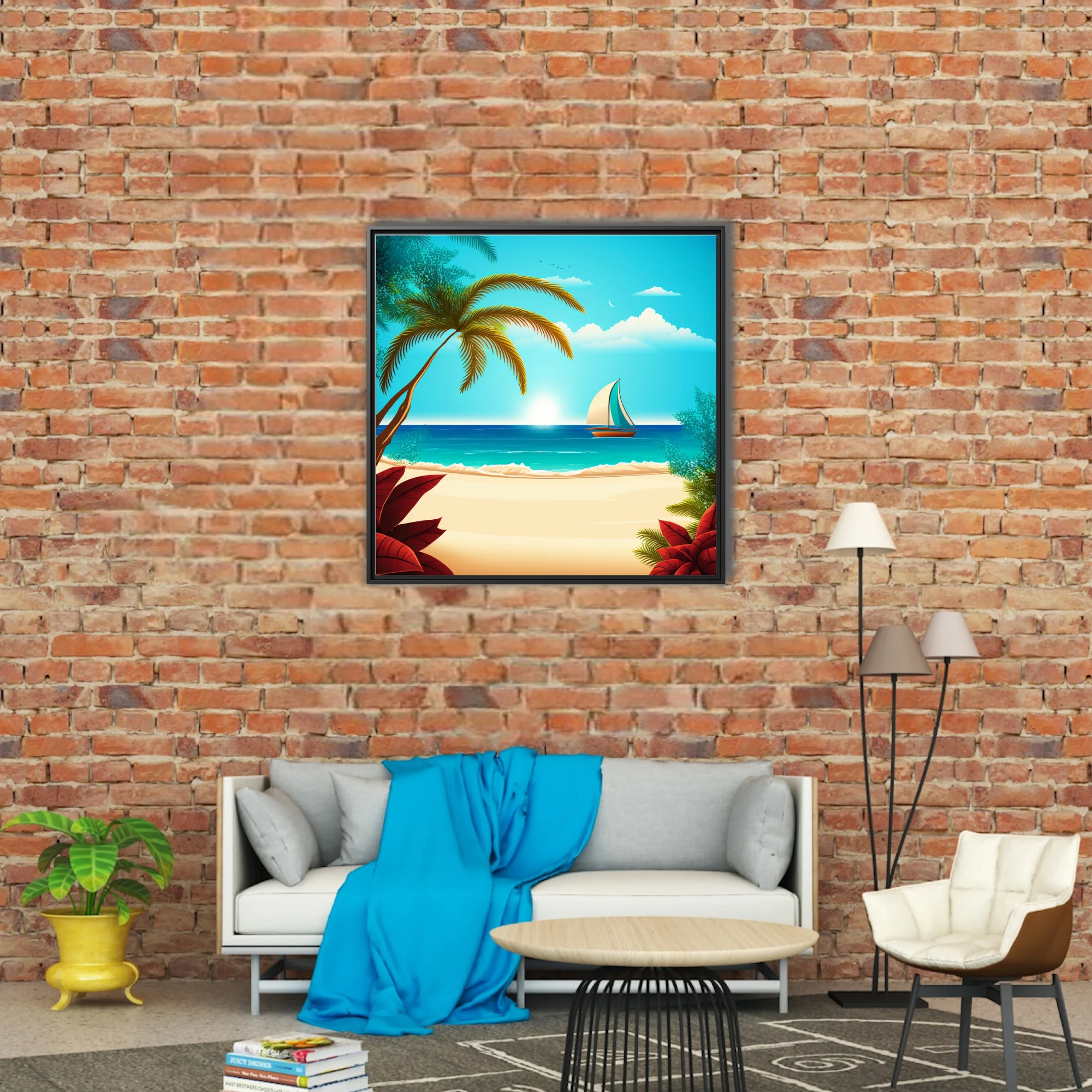 Flat graphic tropical beach illustration with palm trees, turquoise ocean, and sailboat