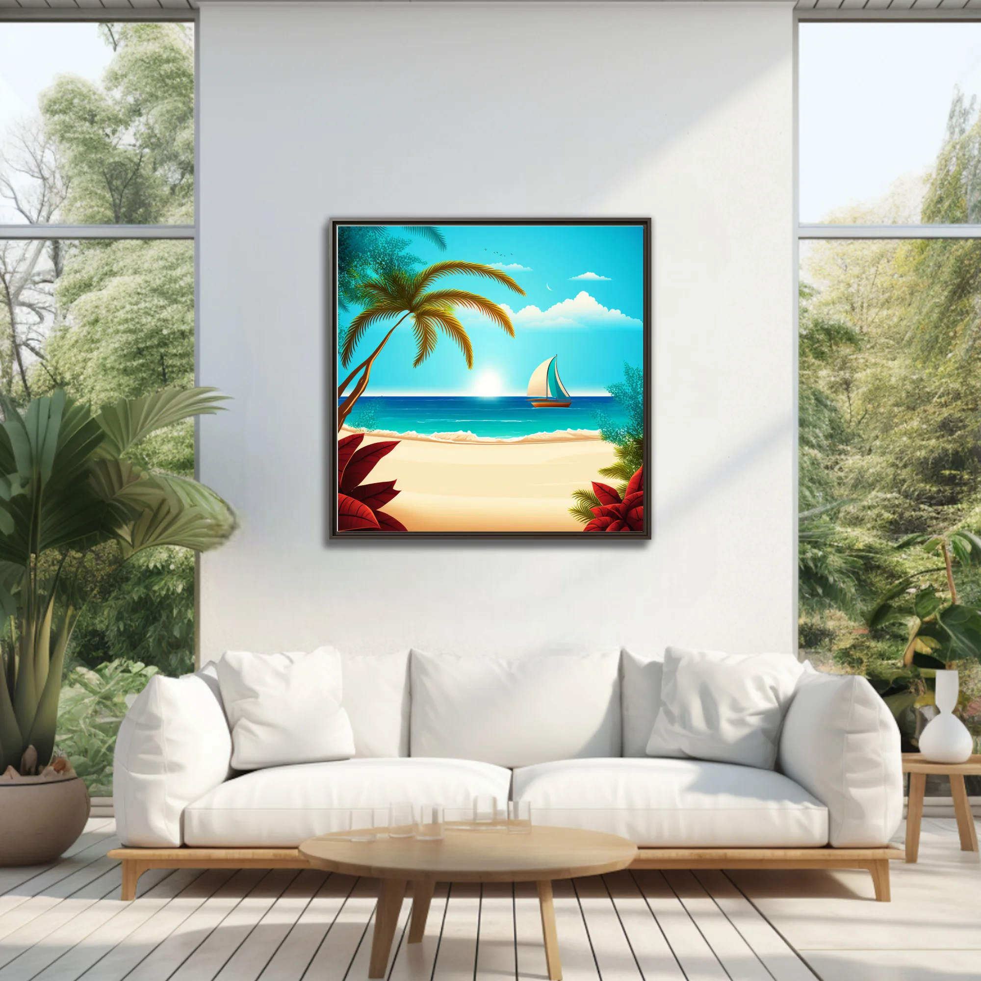 Flat graphic tropical beach illustration with palm trees, turquoise ocean, and sailboat