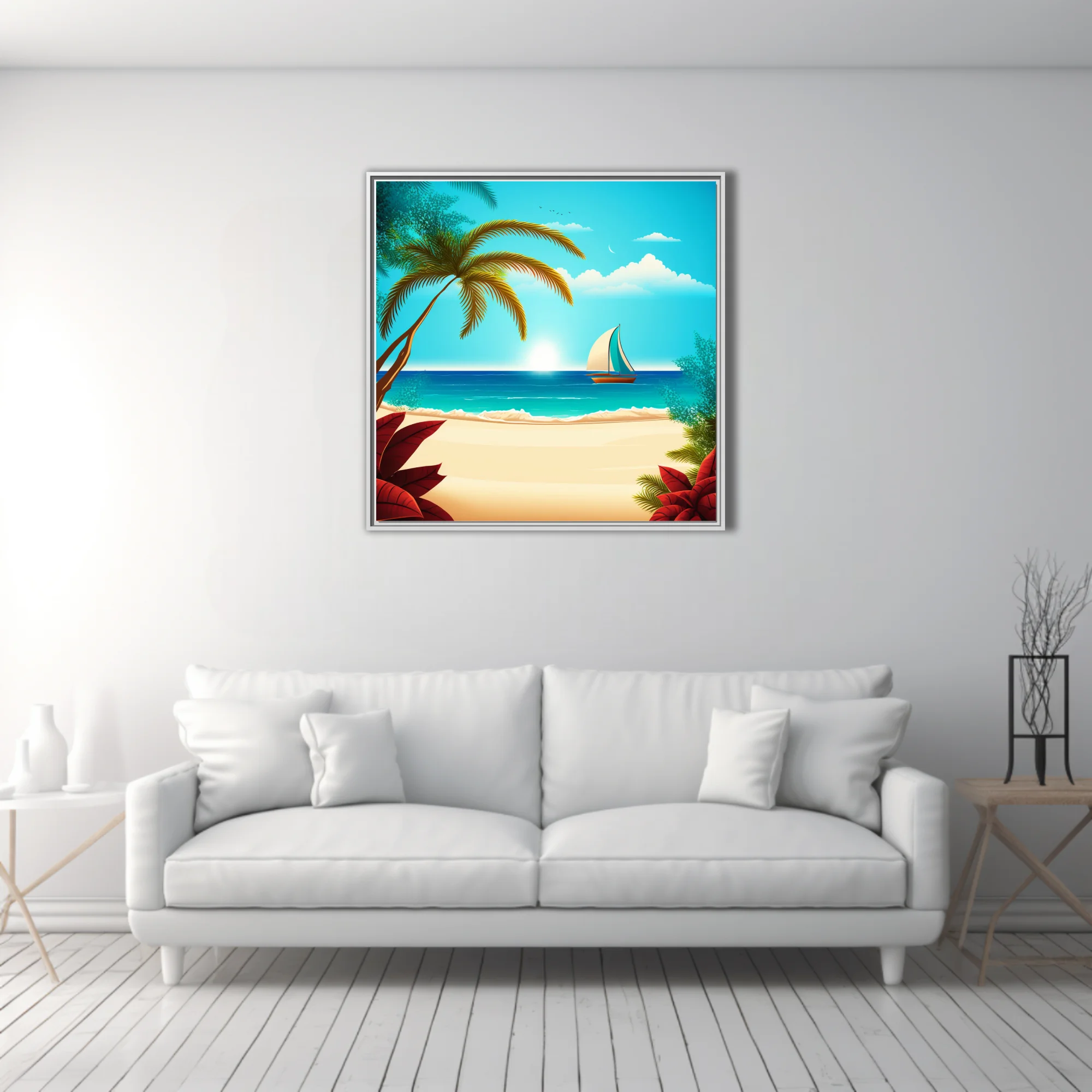 Flat graphic tropical beach illustration with palm trees, turquoise ocean, and sailboat
