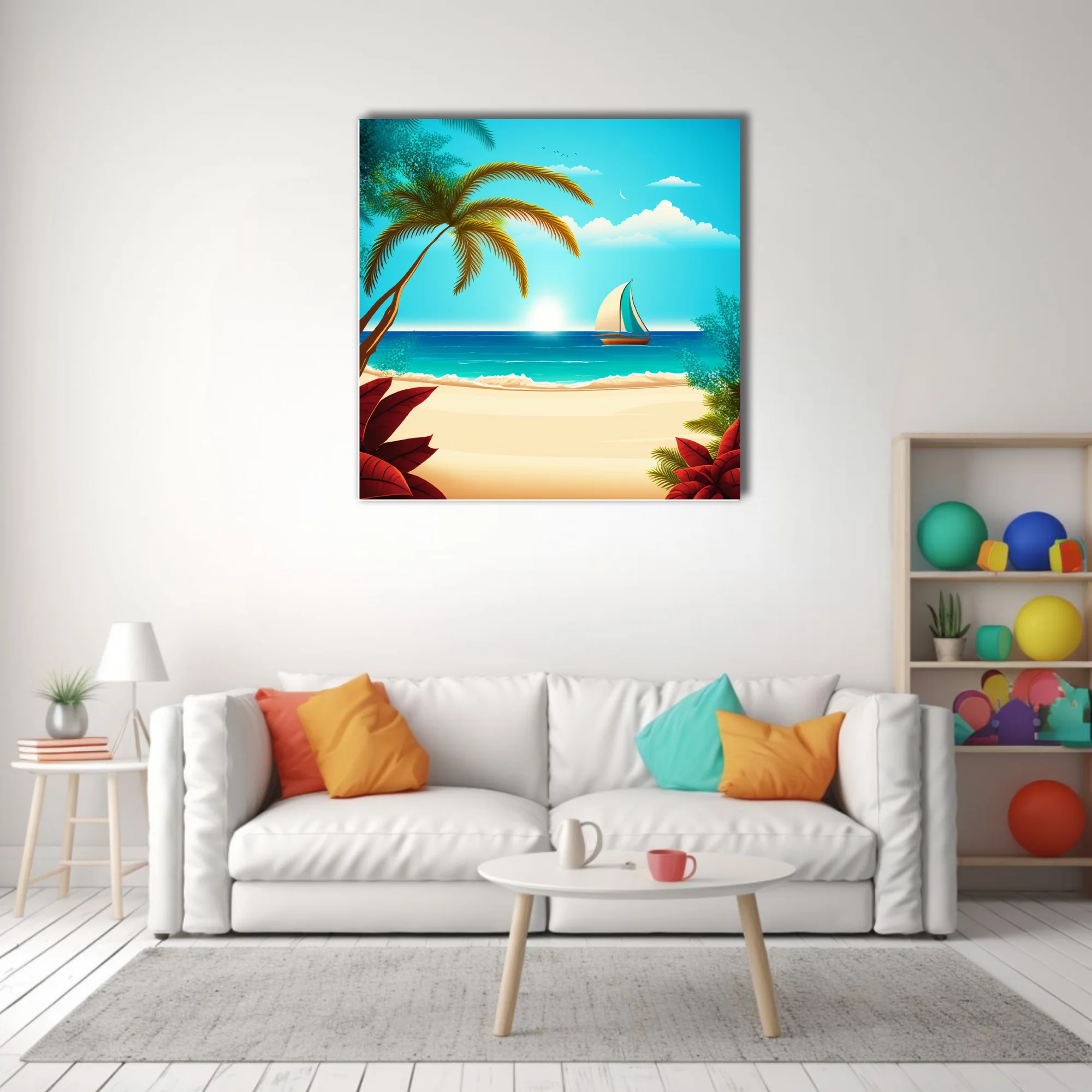 Flat graphic tropical beach illustration with palm trees, turquoise ocean, and sailboat