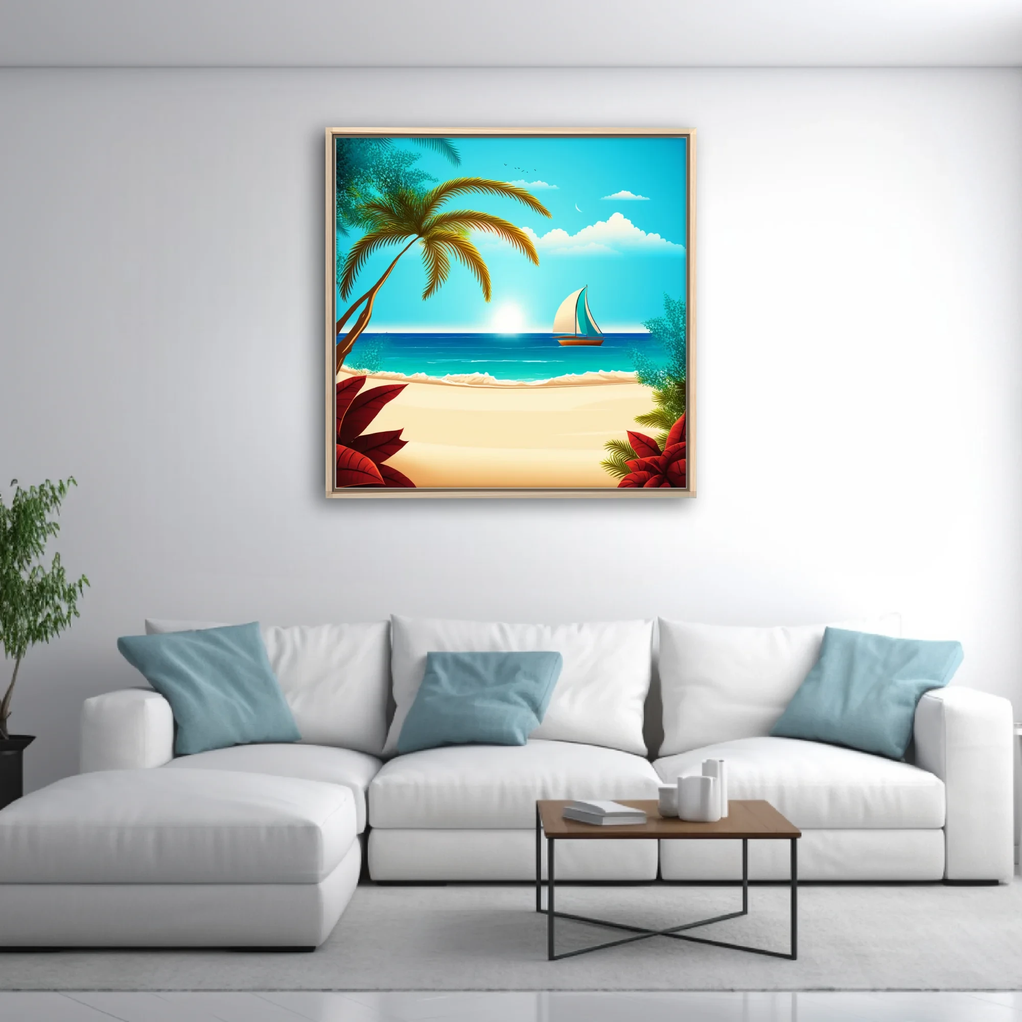Flat graphic tropical beach illustration with palm trees, turquoise ocean, and sailboat
