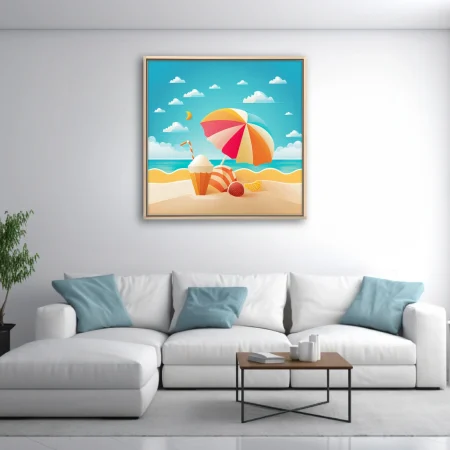 Flat graphic summer beach scene with striped parasol, icy drink, and citrus in vivid coral and teal