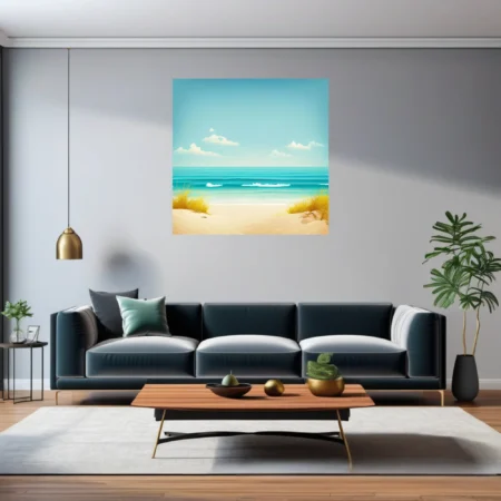Minimalist summer beach illustration, turquoise ocean, sandy shore, soft blue sky