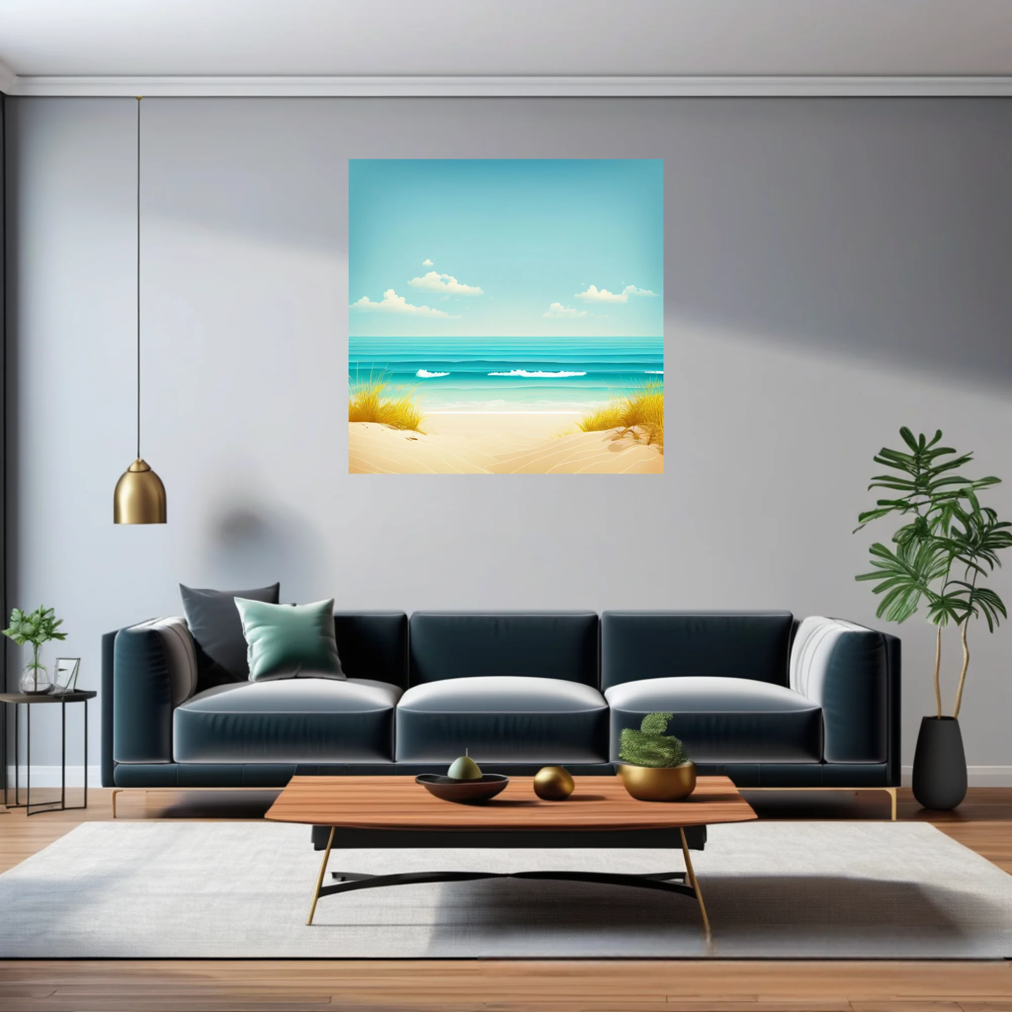 Minimalist summer beach illustration, turquoise ocean, sandy shore, soft blue sky