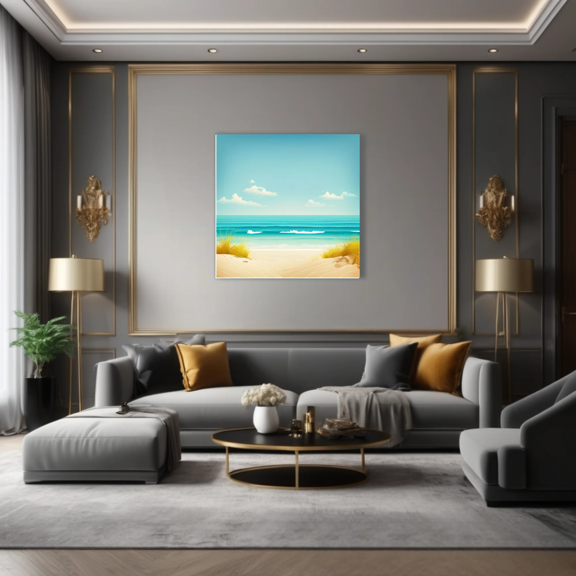 Minimalist summer beach illustration, turquoise ocean, sandy shore, soft blue sky
