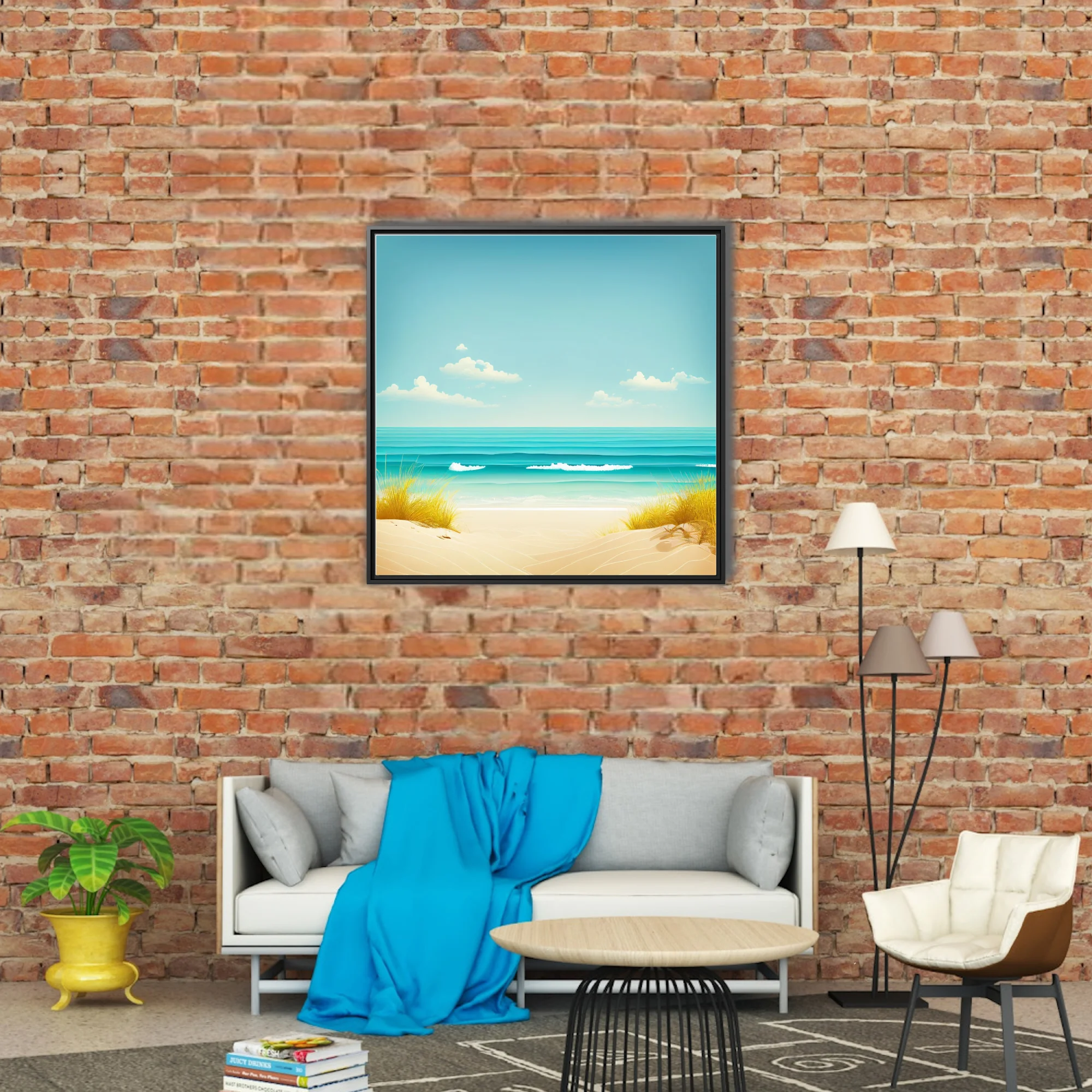 Minimalist summer beach illustration, turquoise ocean, sandy shore, soft blue sky
