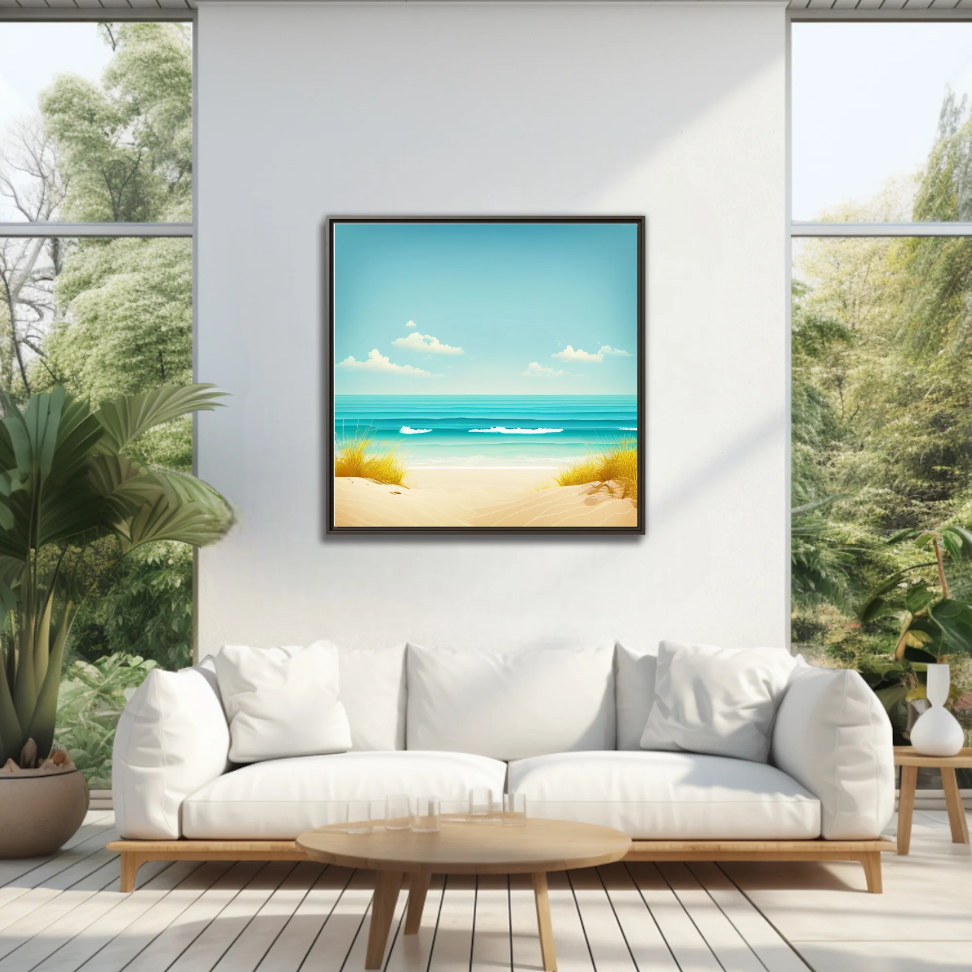Minimalist summer beach illustration, turquoise ocean, sandy shore, soft blue sky