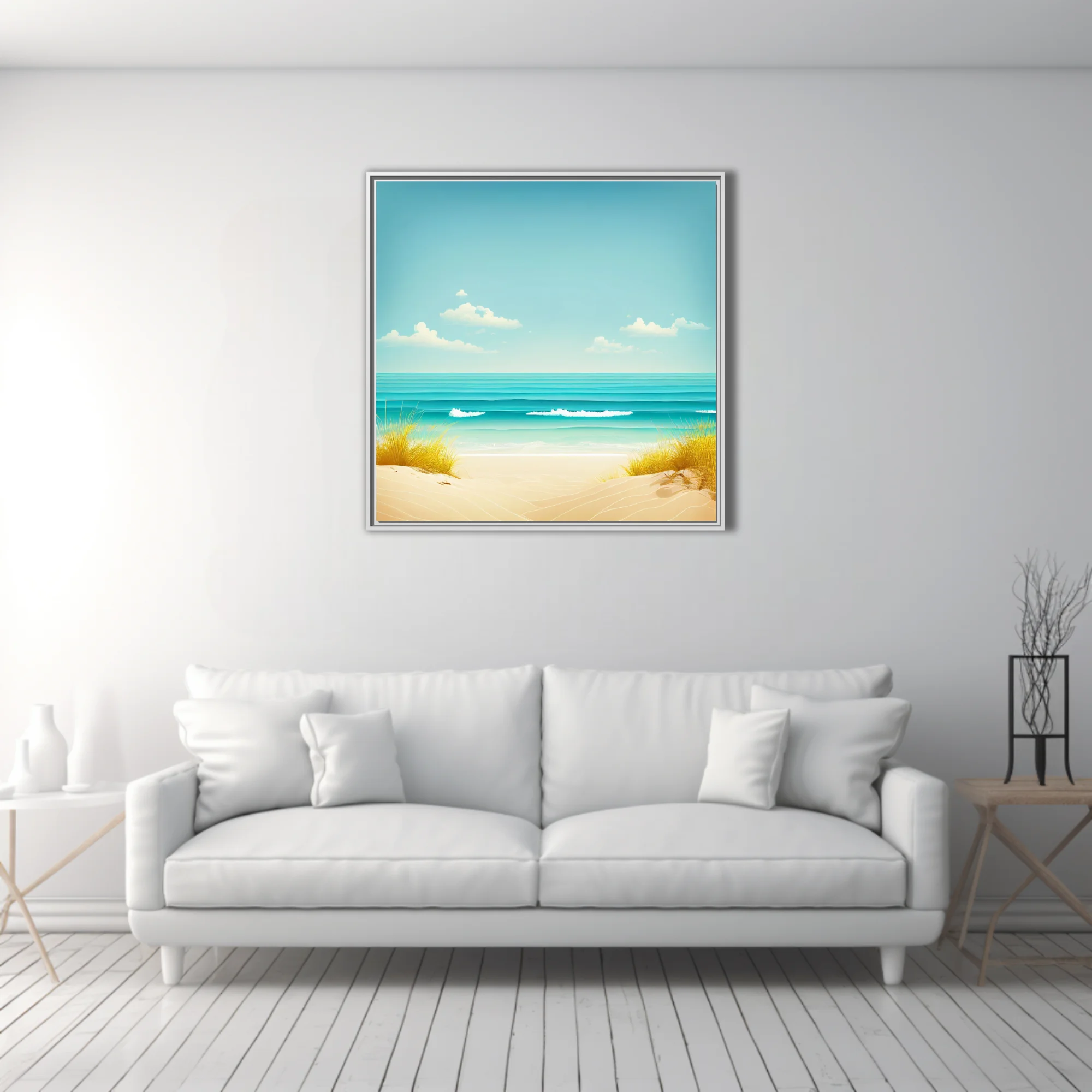 Minimalist summer beach illustration, turquoise ocean, sandy shore, soft blue sky