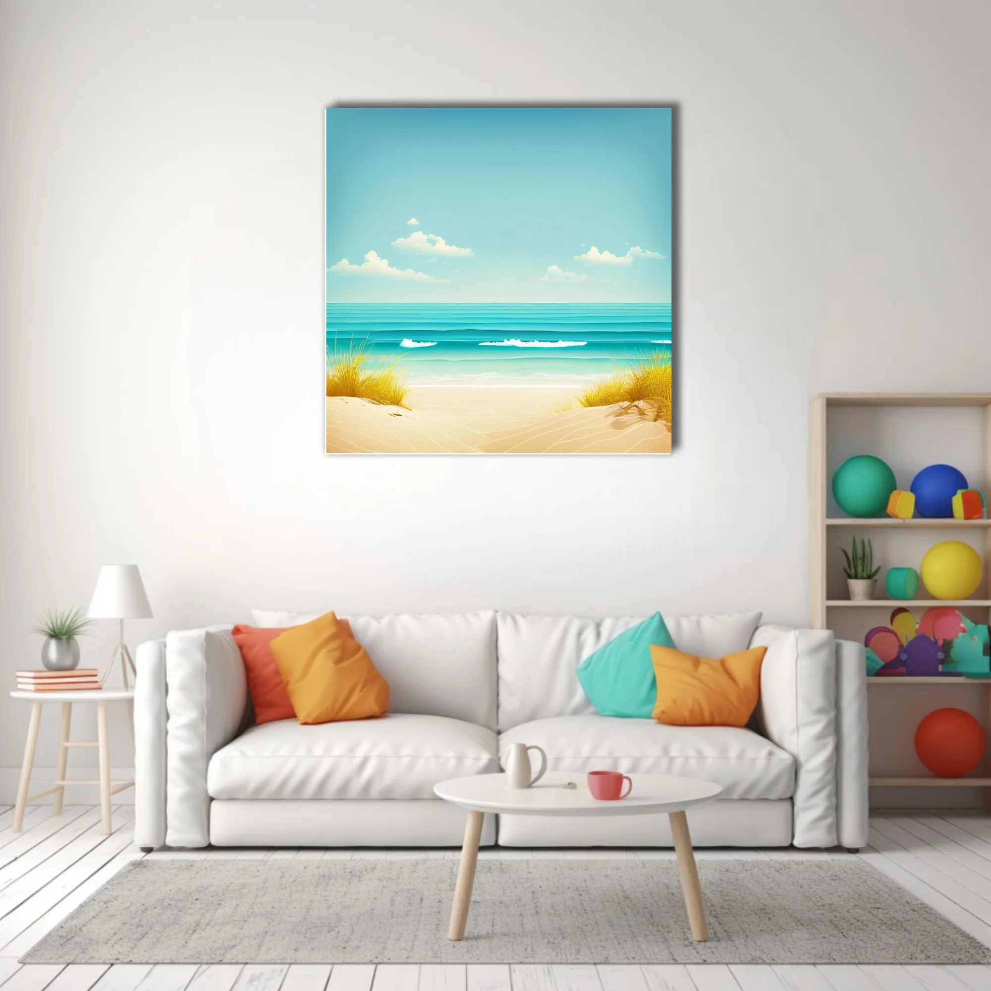 Minimalist summer beach illustration, turquoise ocean, sandy shore, soft blue sky