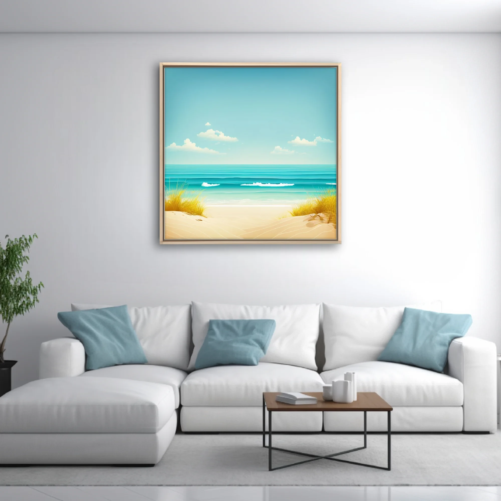 Minimalist summer beach illustration, turquoise ocean, sandy shore, soft blue sky