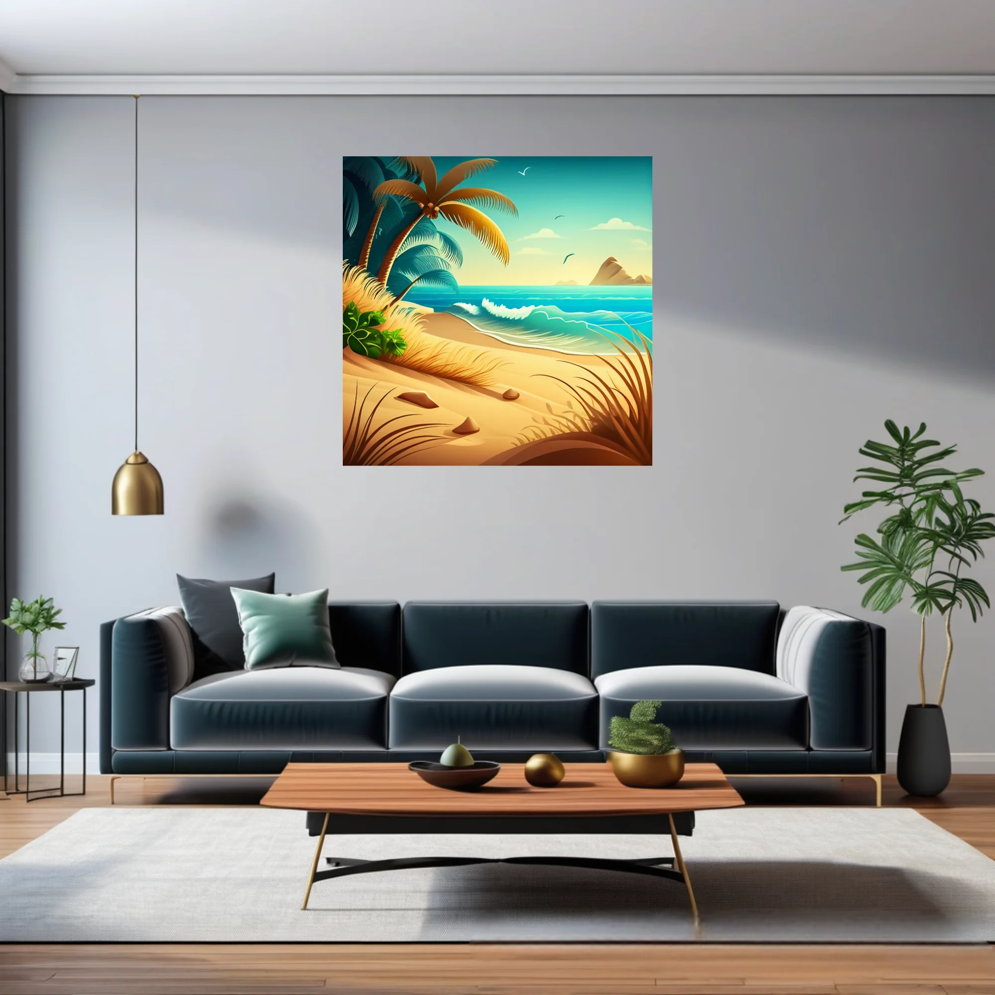 Cartoon tropical beach illustration with palm trees, turquoise waves, and golden sand