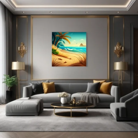 Cartoon tropical beach illustration with palm trees, turquoise waves, and golden sand