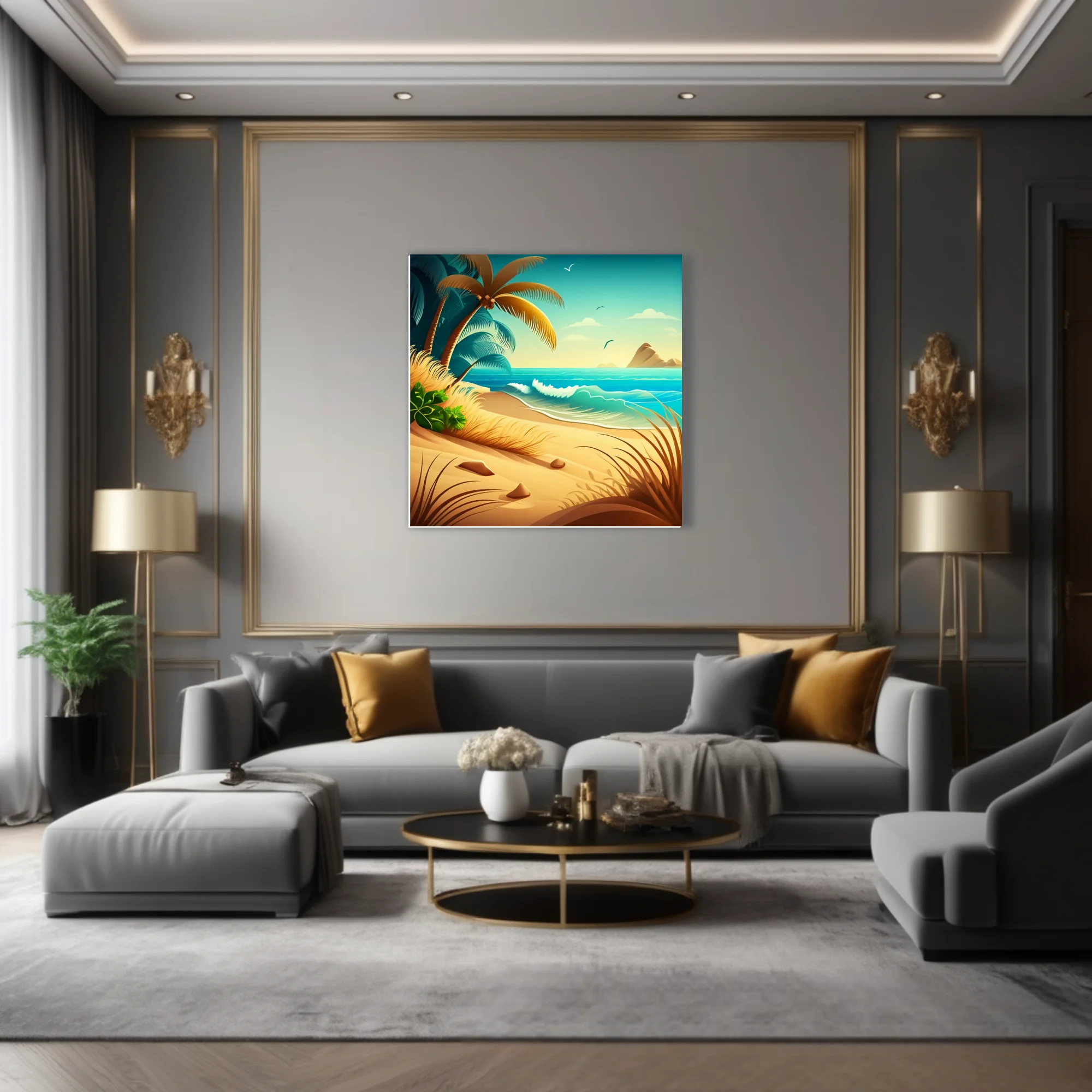Cartoon tropical beach illustration with palm trees, turquoise waves, and golden sand