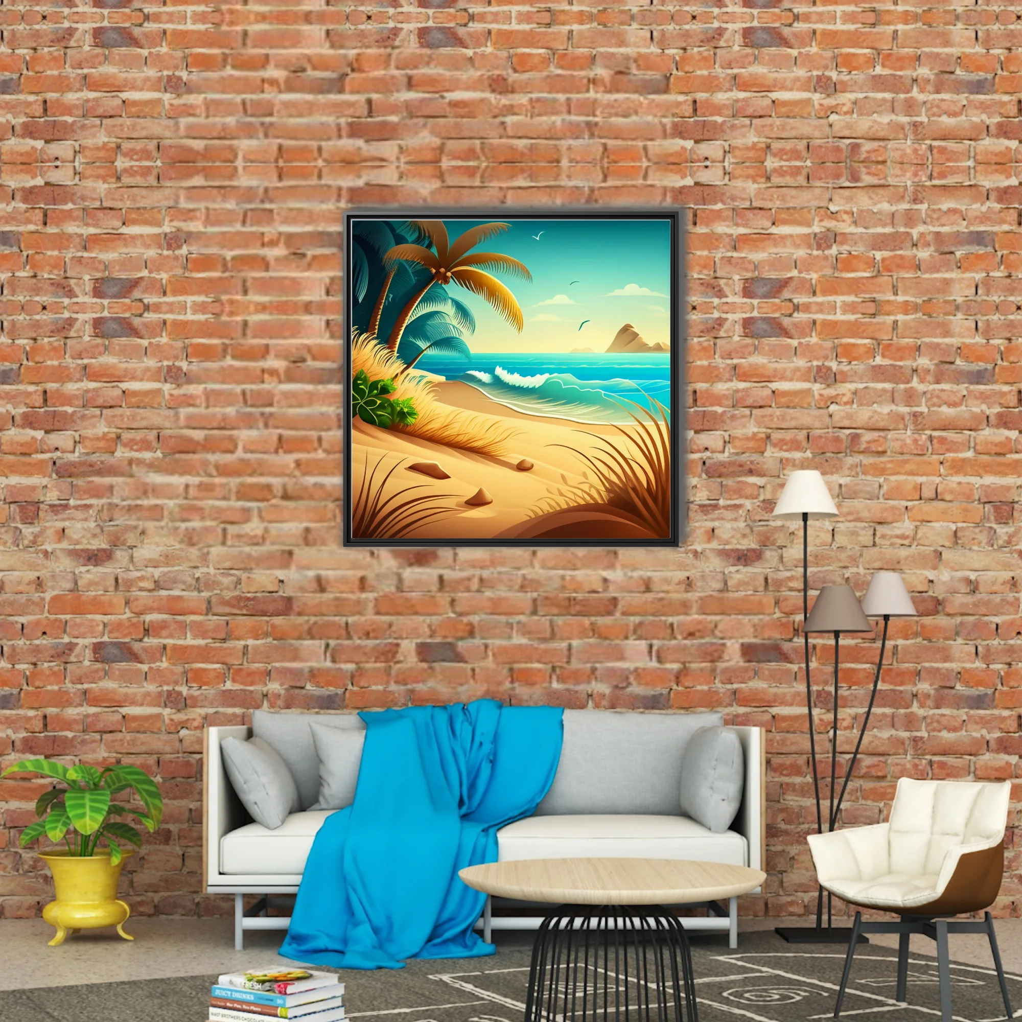 Cartoon tropical beach illustration with palm trees, turquoise waves, and golden sand