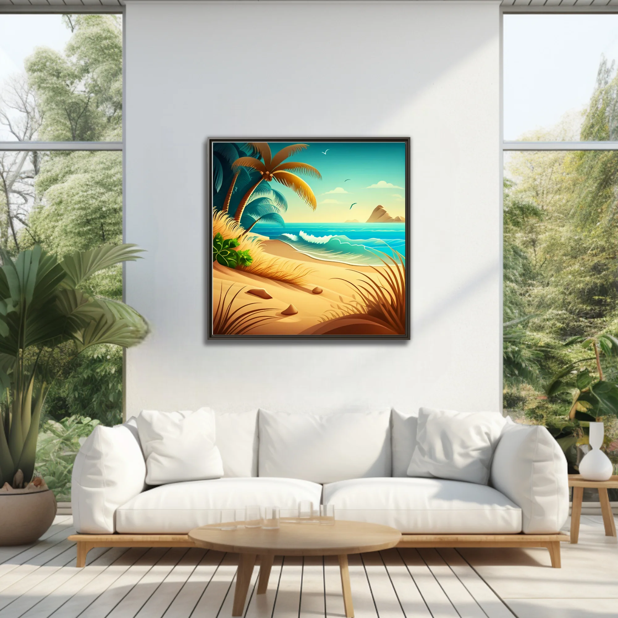Cartoon tropical beach illustration with palm trees, turquoise waves, and golden sand