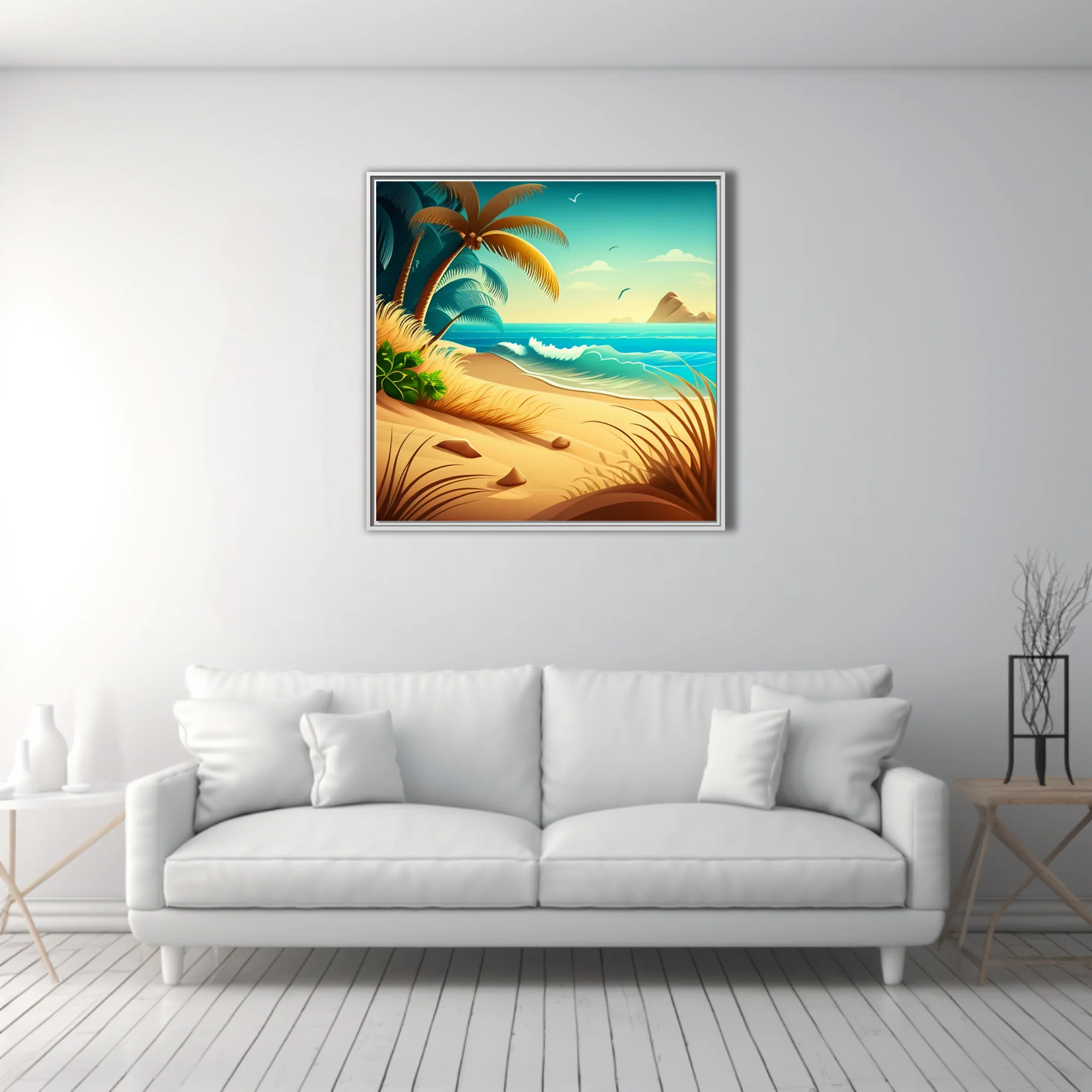 Cartoon tropical beach illustration with palm trees, turquoise waves, and golden sand