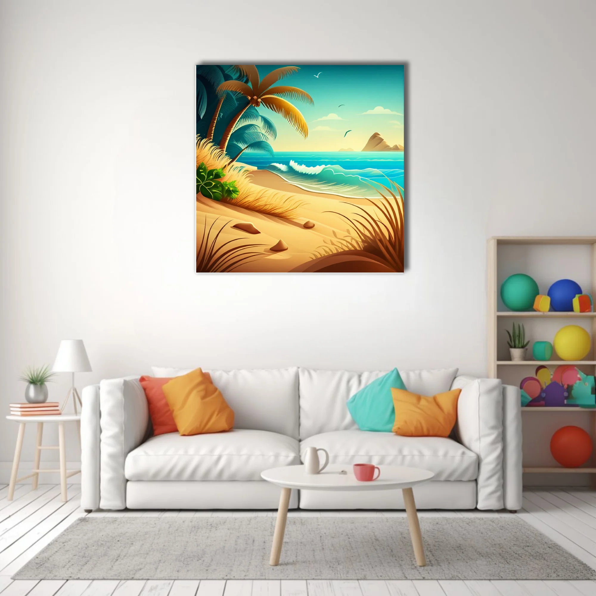 Cartoon tropical beach illustration with palm trees, turquoise waves, and golden sand