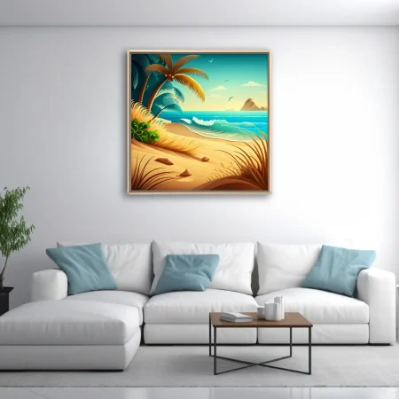 Cartoon tropical beach illustration with palm trees, turquoise waves, and golden sand