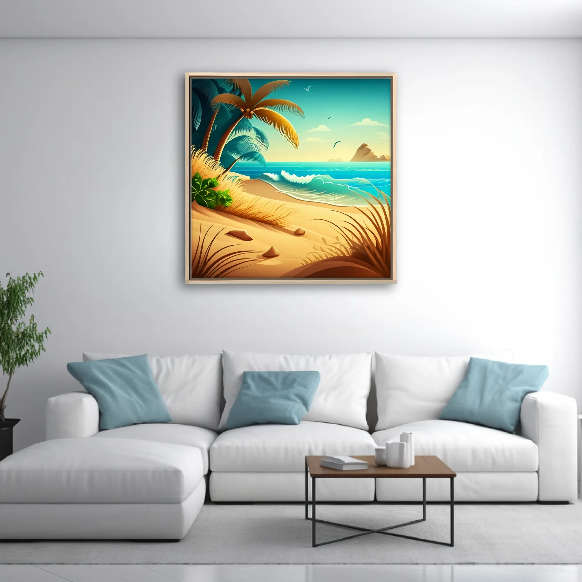 Cartoon tropical beach illustration with palm trees, turquoise waves, and golden sand