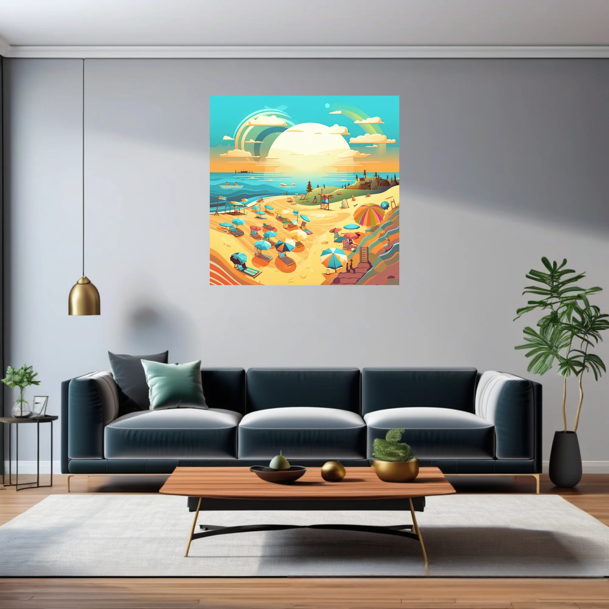 Flat graphic summer beach scene with colorful umbrellas, rainbow sky, and turquoise sea