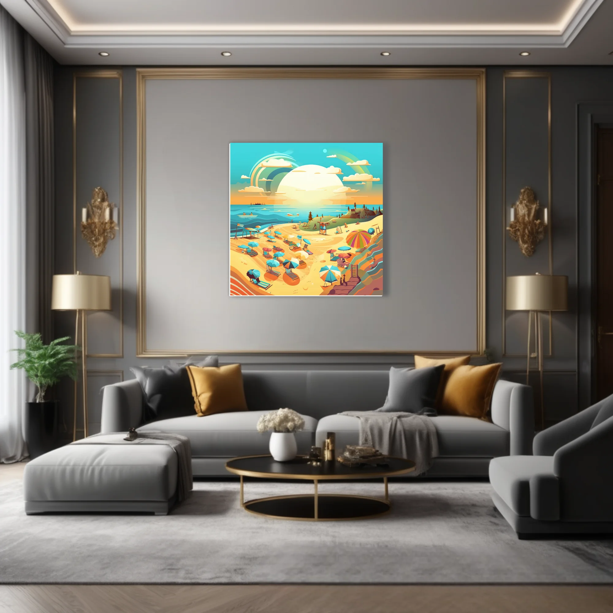 Flat graphic summer beach scene with colorful umbrellas, rainbow sky, and turquoise sea