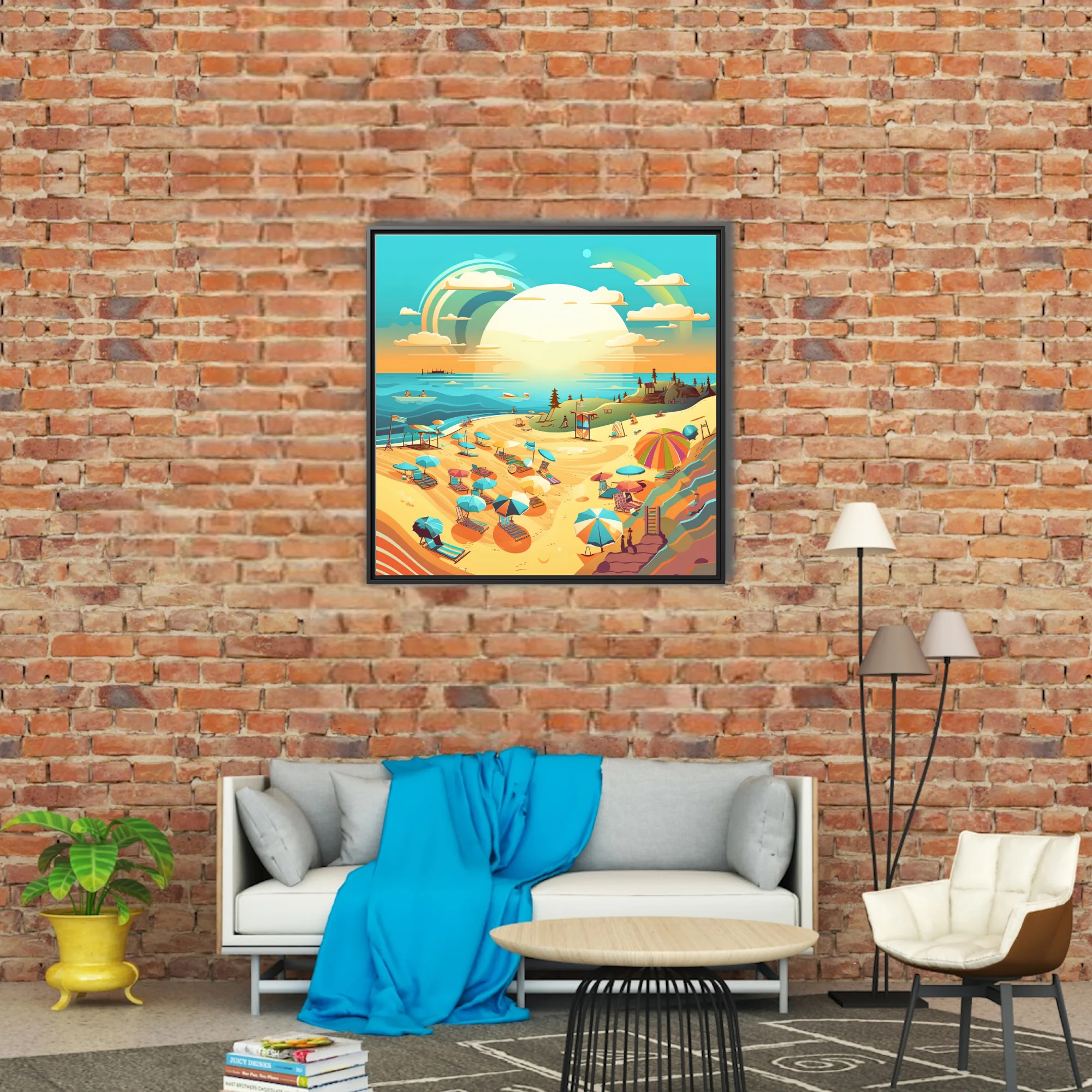Flat graphic summer beach scene with colorful umbrellas, rainbow sky, and turquoise sea