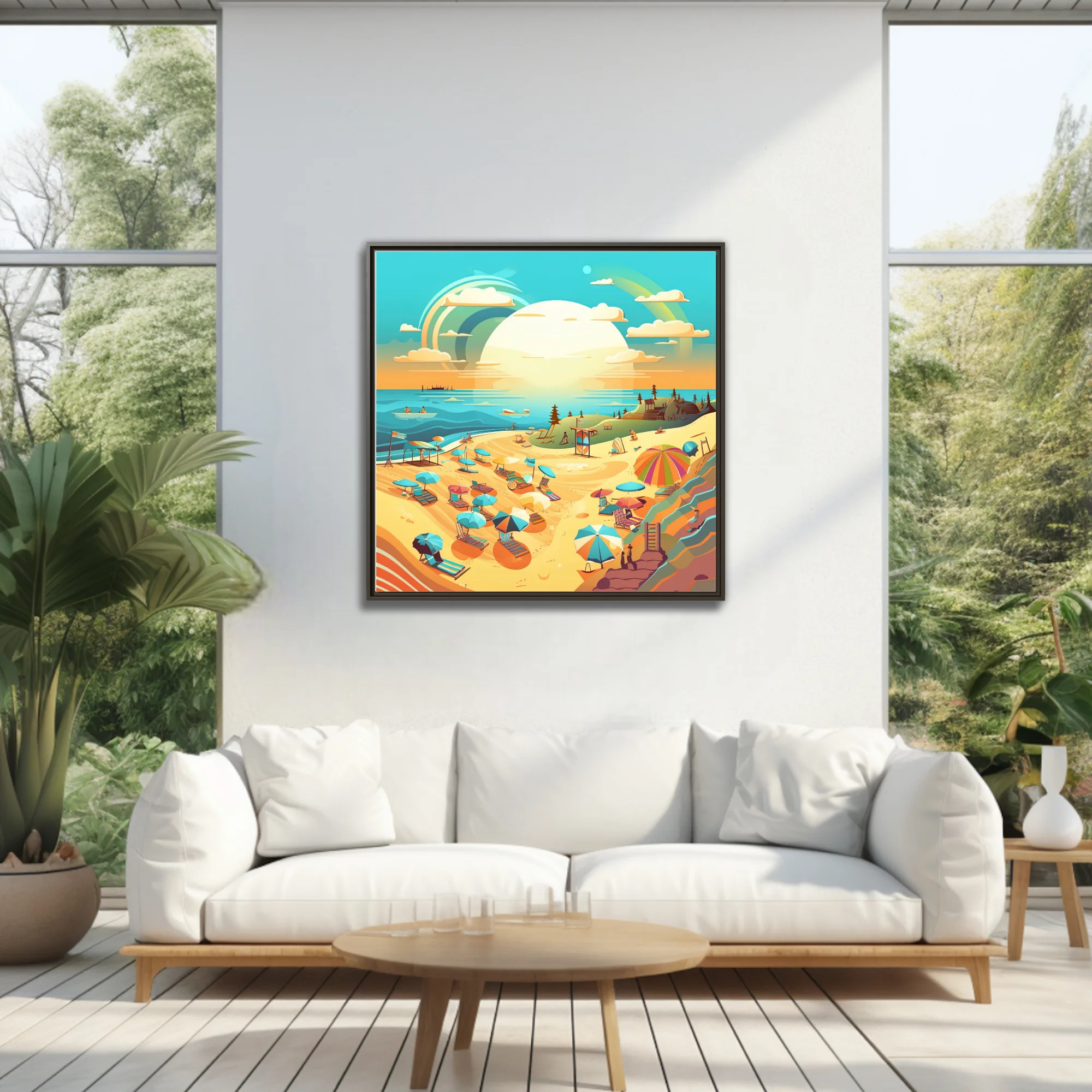 Flat graphic summer beach scene with colorful umbrellas, rainbow sky, and turquoise sea
