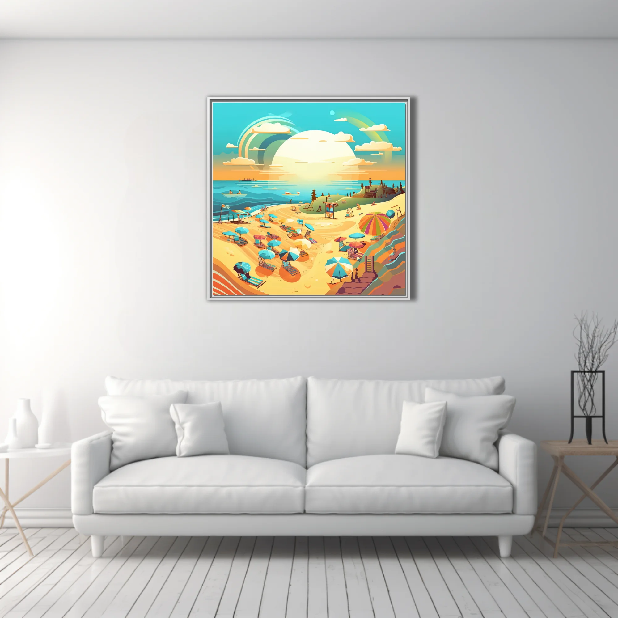 Flat graphic summer beach scene with colorful umbrellas, rainbow sky, and turquoise sea