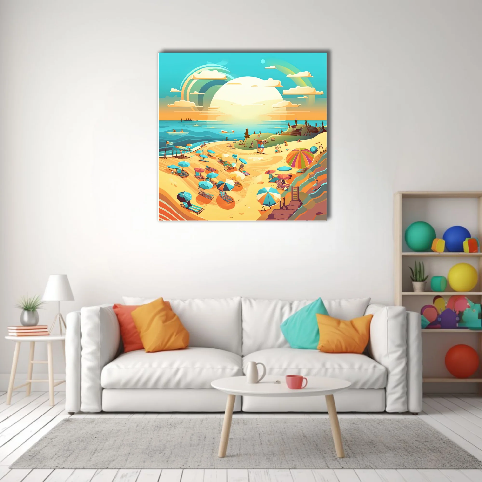 Flat graphic summer beach scene with colorful umbrellas, rainbow sky, and turquoise sea