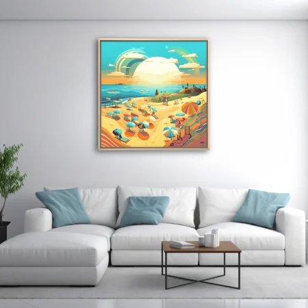 Flat graphic summer beach scene with colorful umbrellas, rainbow sky, and turquoise sea