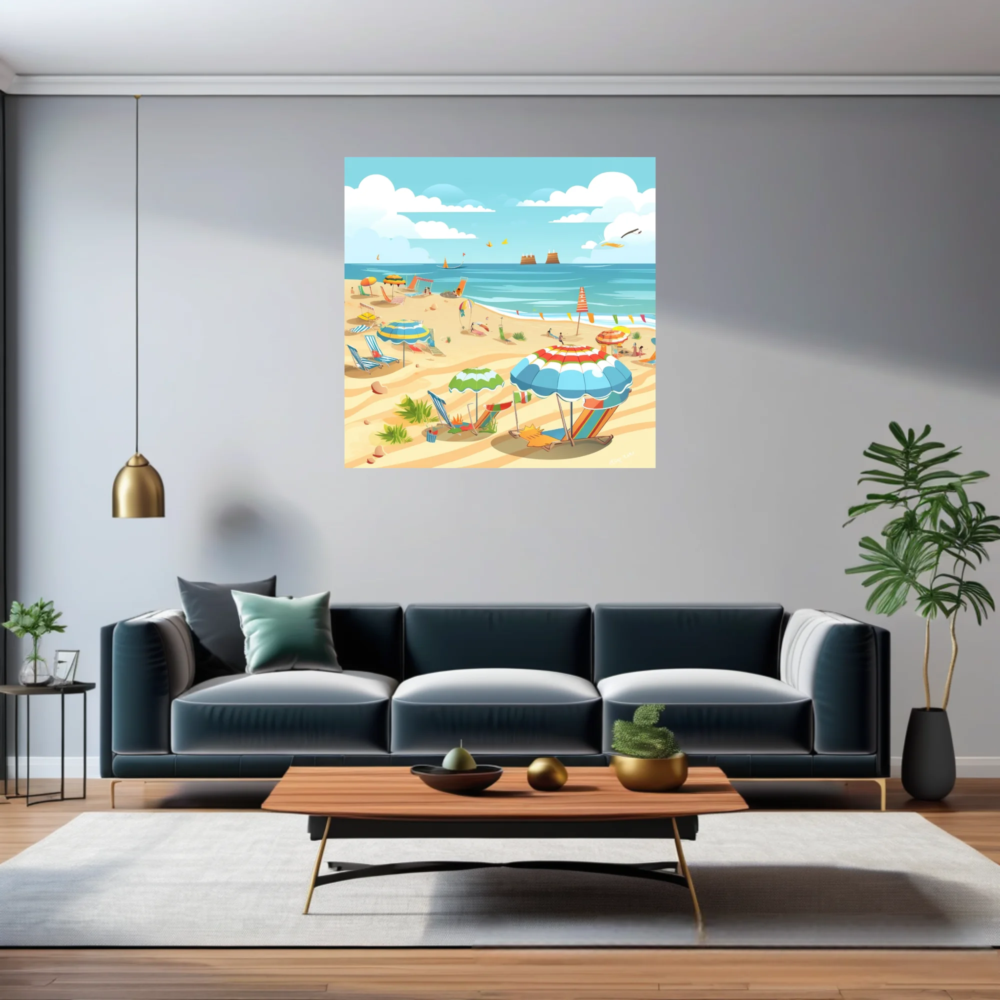 Flat cartoon summer beach scene with colorful umbrellas, loungers, and ocean
