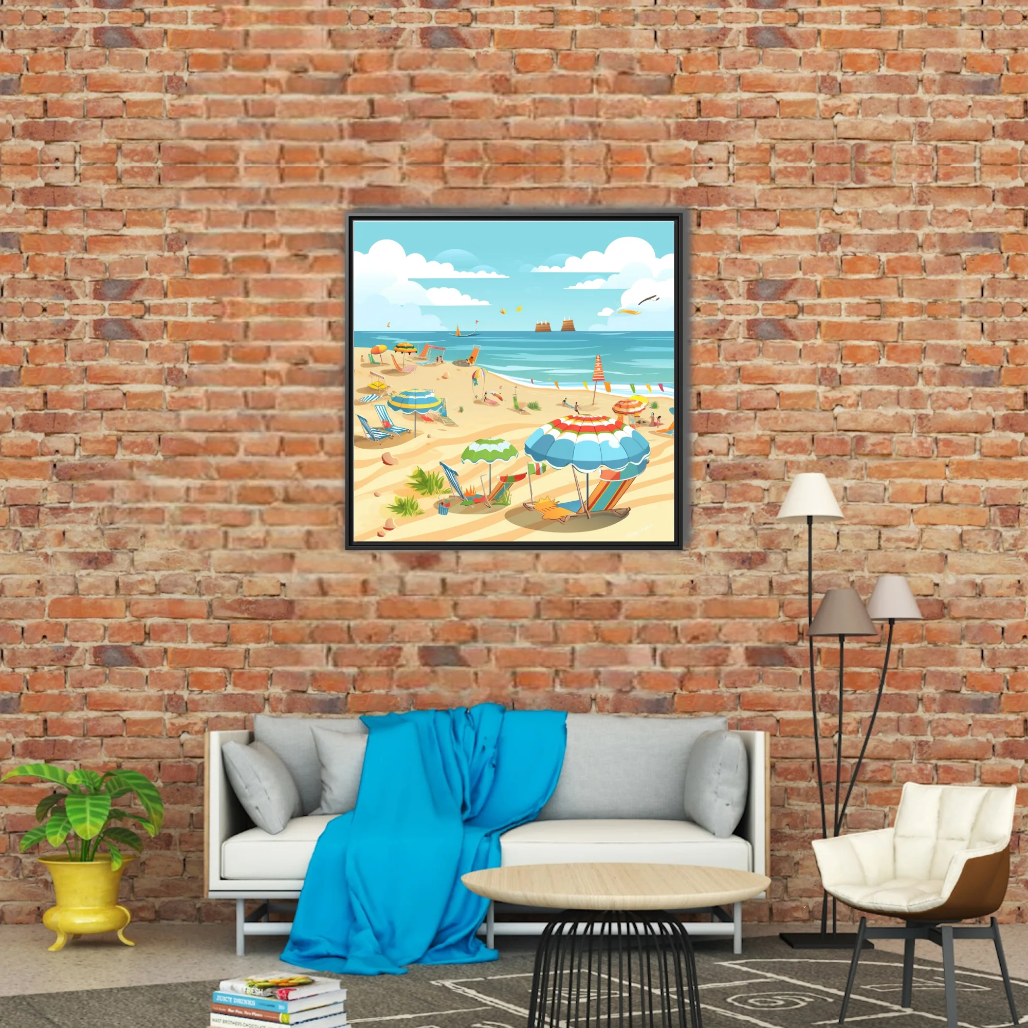 Flat cartoon summer beach scene with colorful umbrellas, loungers, and ocean