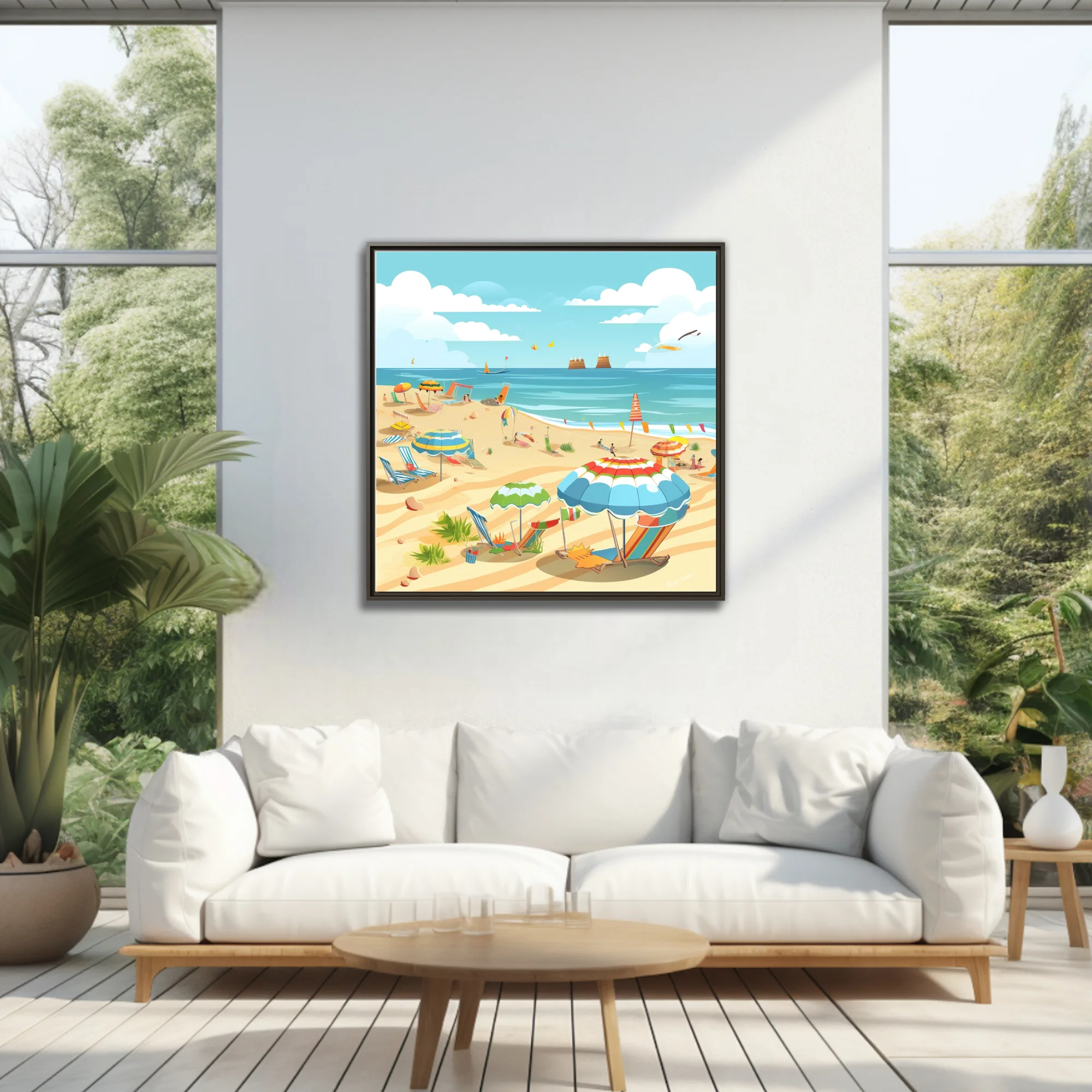 Flat cartoon summer beach scene with colorful umbrellas, loungers, and ocean