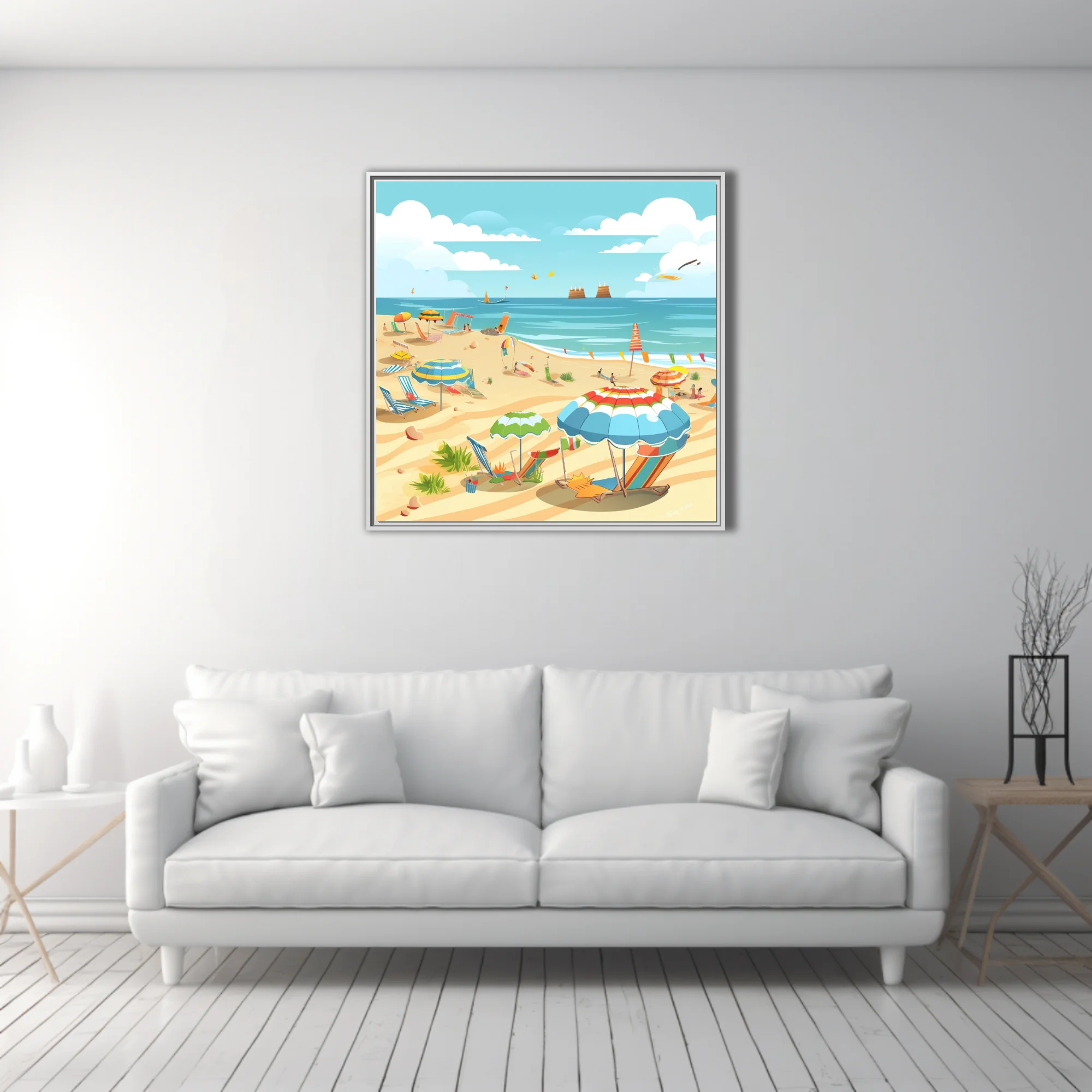Flat cartoon summer beach scene with colorful umbrellas, loungers, and ocean