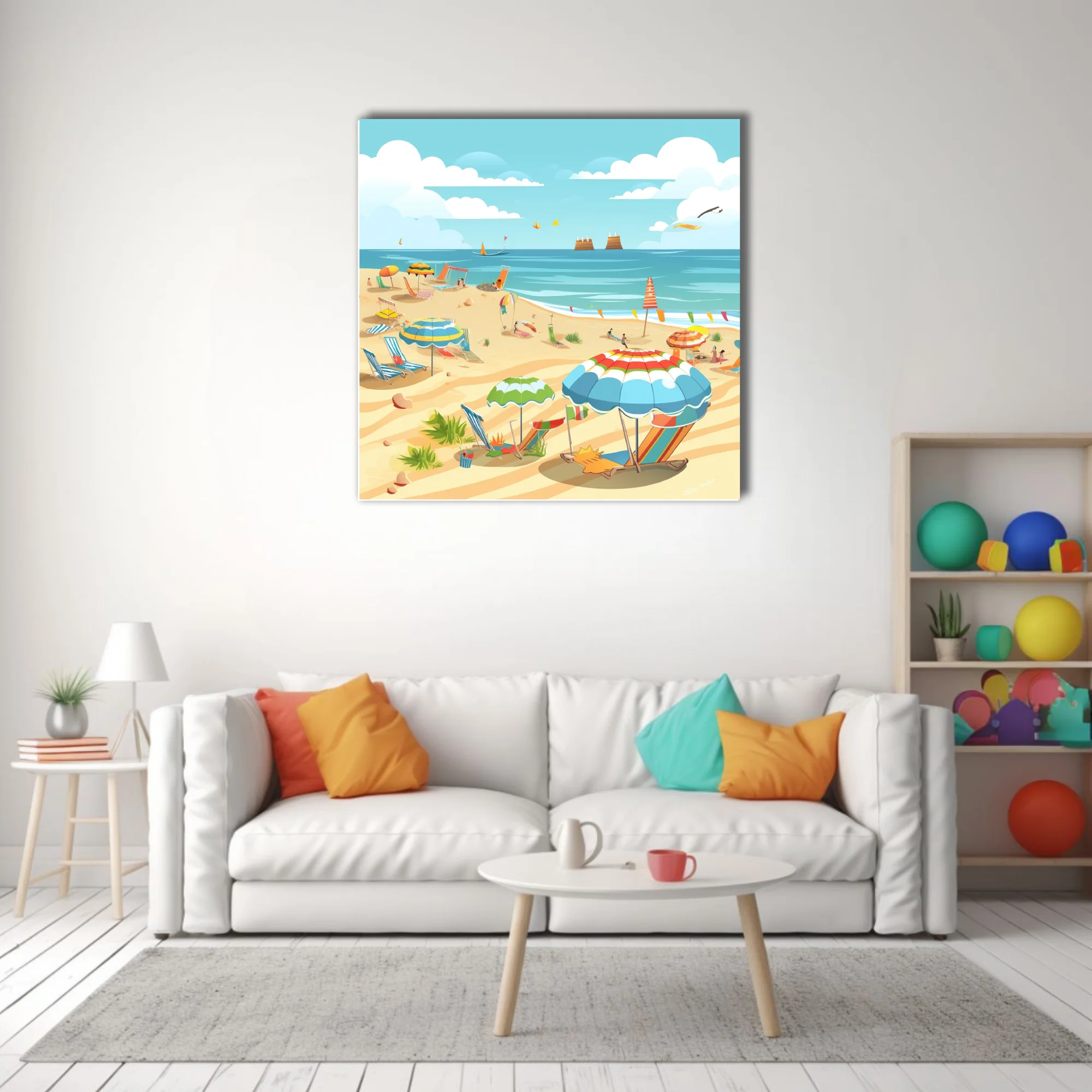 Flat cartoon summer beach scene with colorful umbrellas, loungers, and ocean