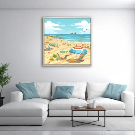 Flat cartoon summer beach scene with colorful umbrellas, loungers, and ocean