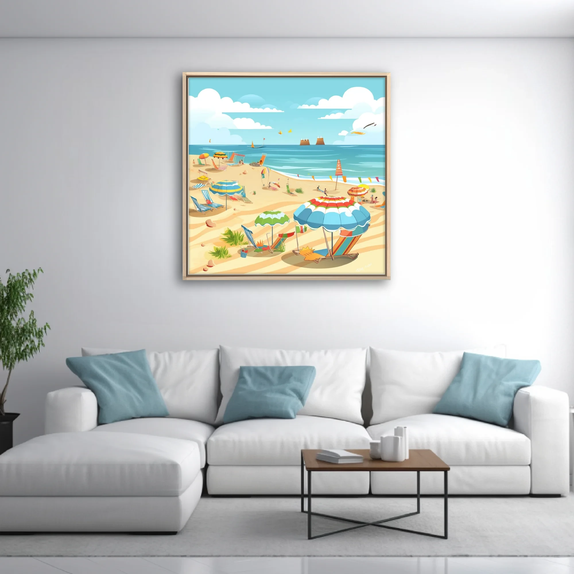 Flat cartoon summer beach scene with colorful umbrellas, loungers, and ocean