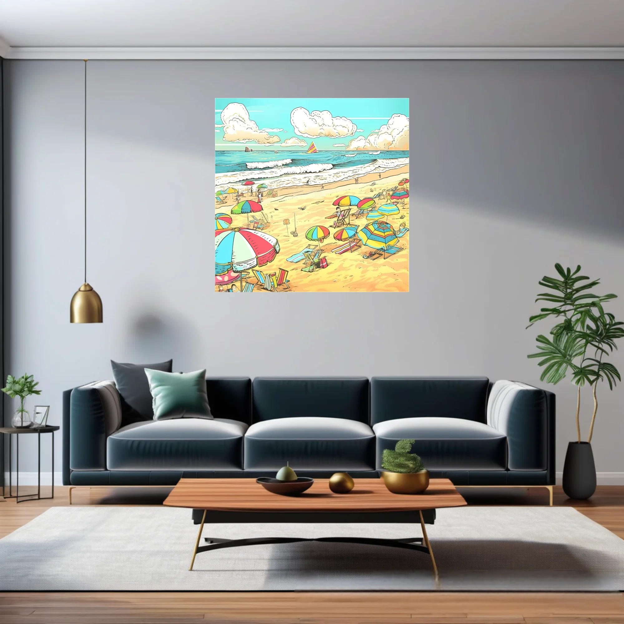 Bold graphic comic beach scene with colorful umbrellas, waves, and sunny sky