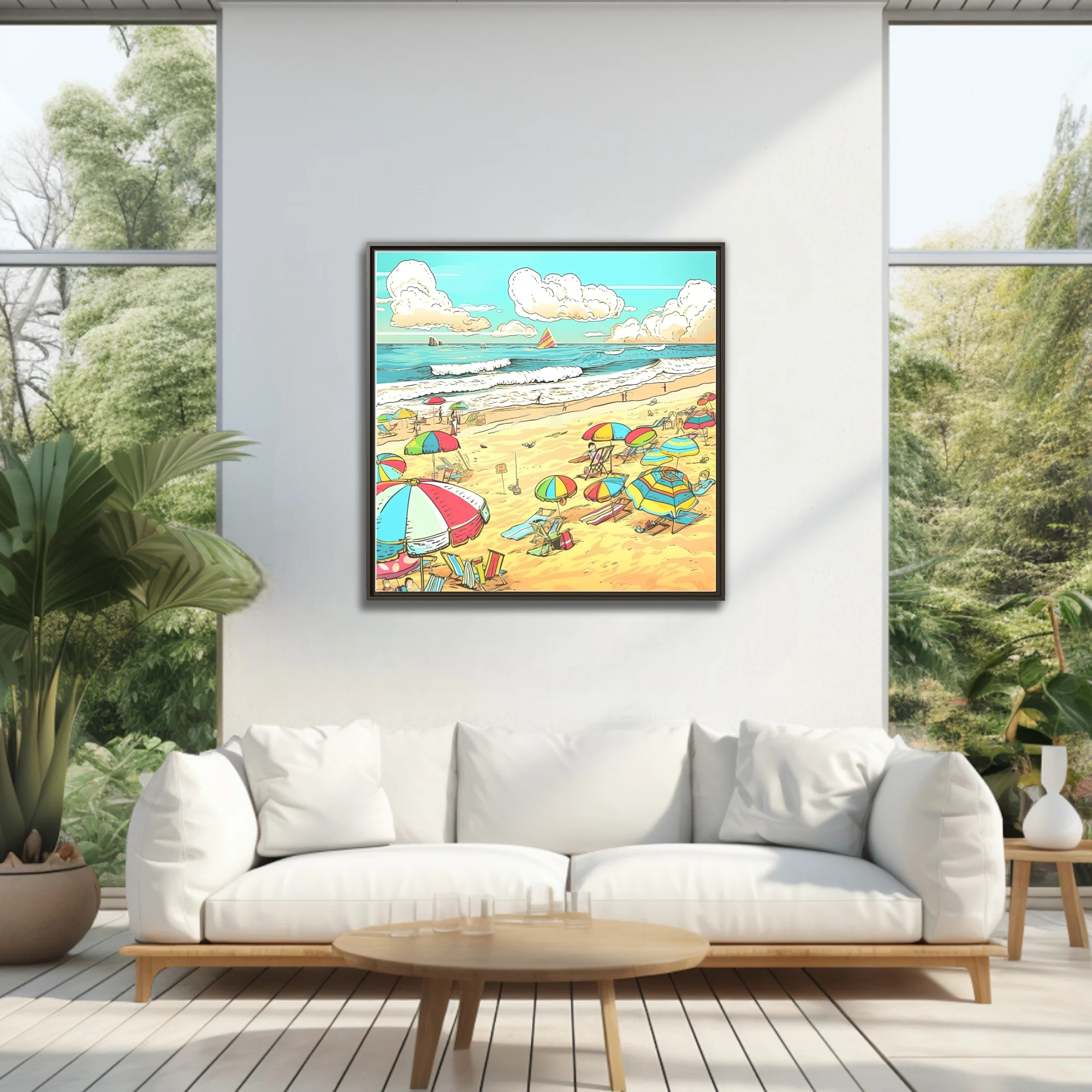 Bold graphic comic beach scene with colorful umbrellas, waves, and sunny sky